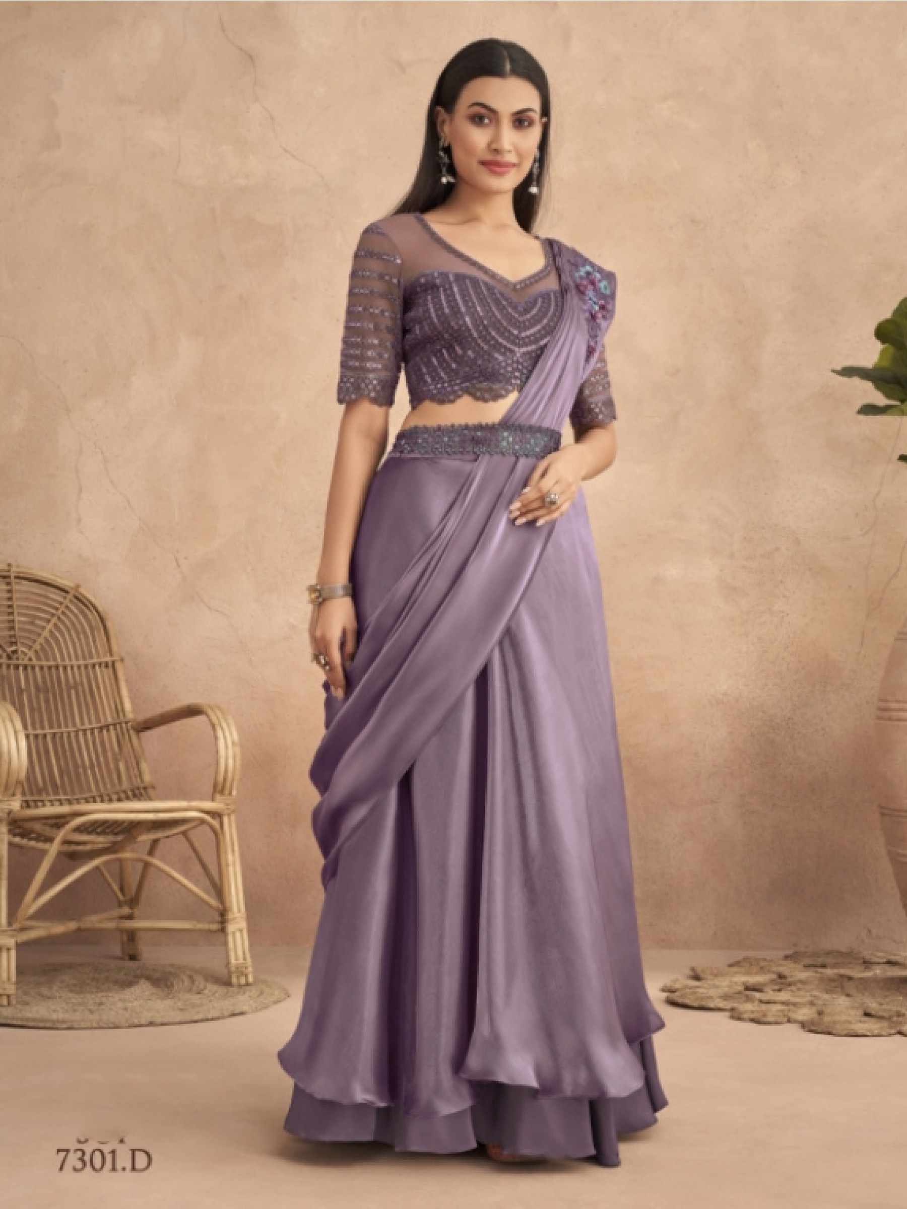 Fancy Silk  Ready To Wear Saree  Purple Color With Embroidery Work