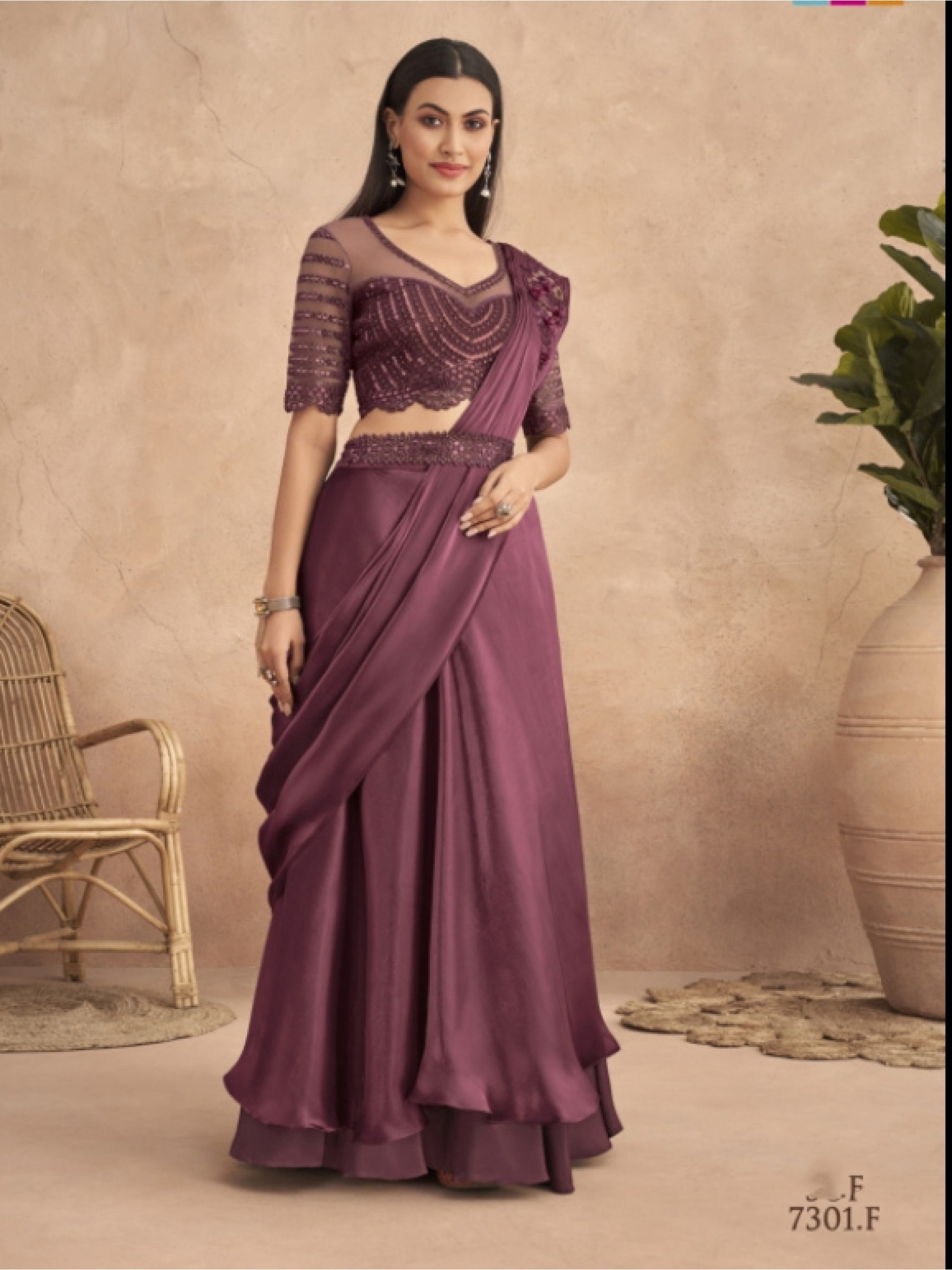 Fancy Silk  Ready To Wear Saree Wine Color With Embroidery Work