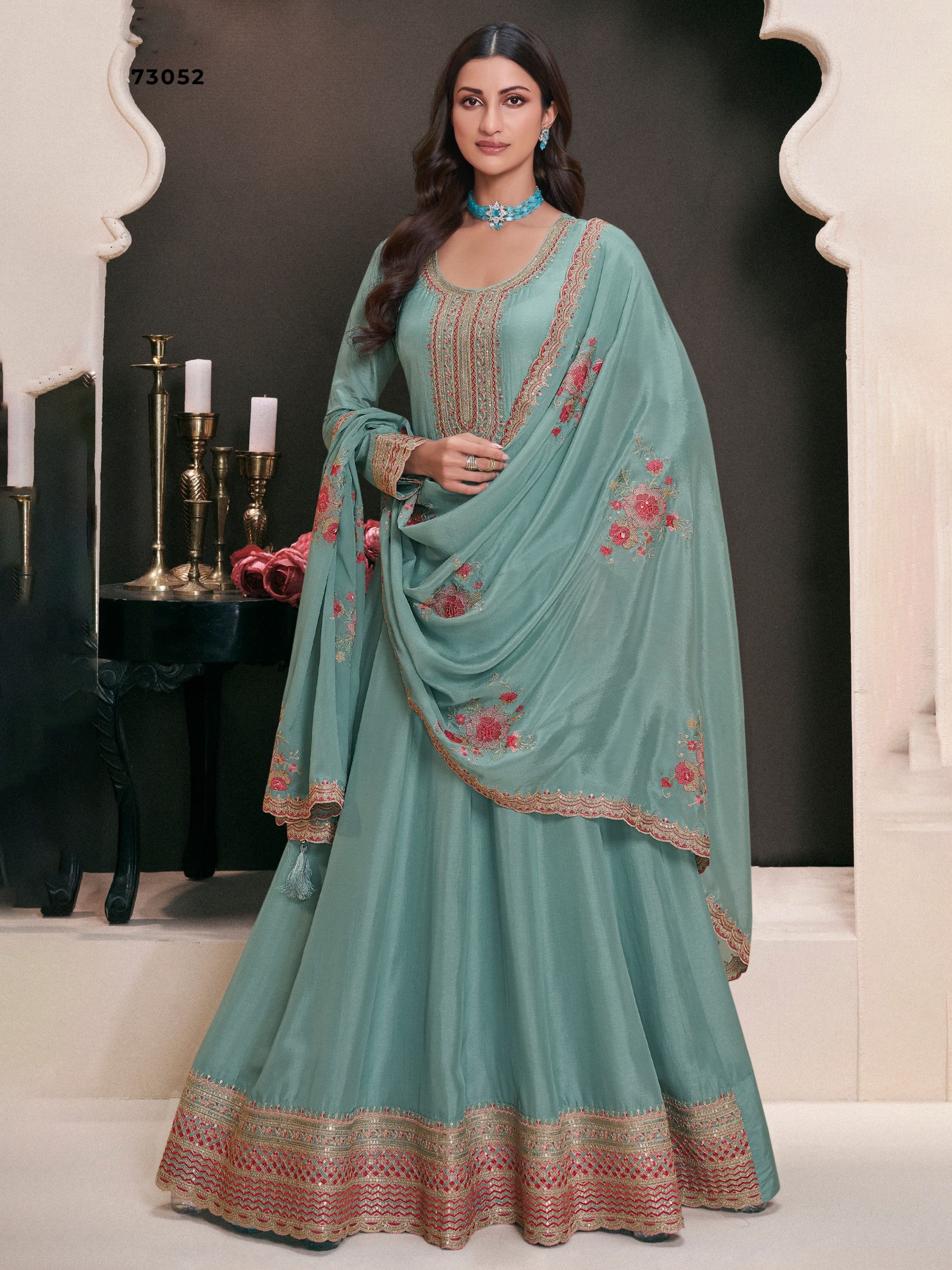 Pure Silk Party Wear Gown Sea Blue Color with Embroidery Work