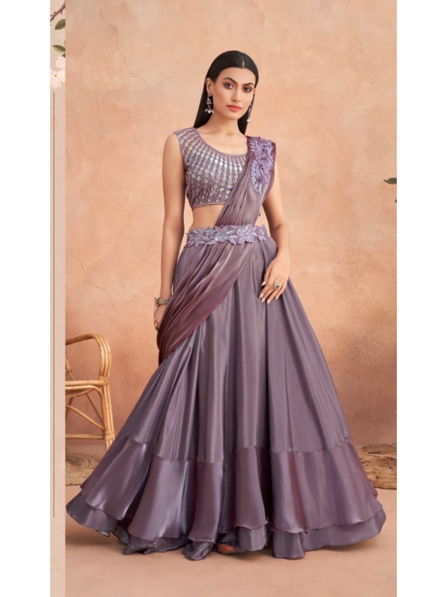 Fancy Silk  Ready To Wear Saree  Mauve Color With Embroidery Work