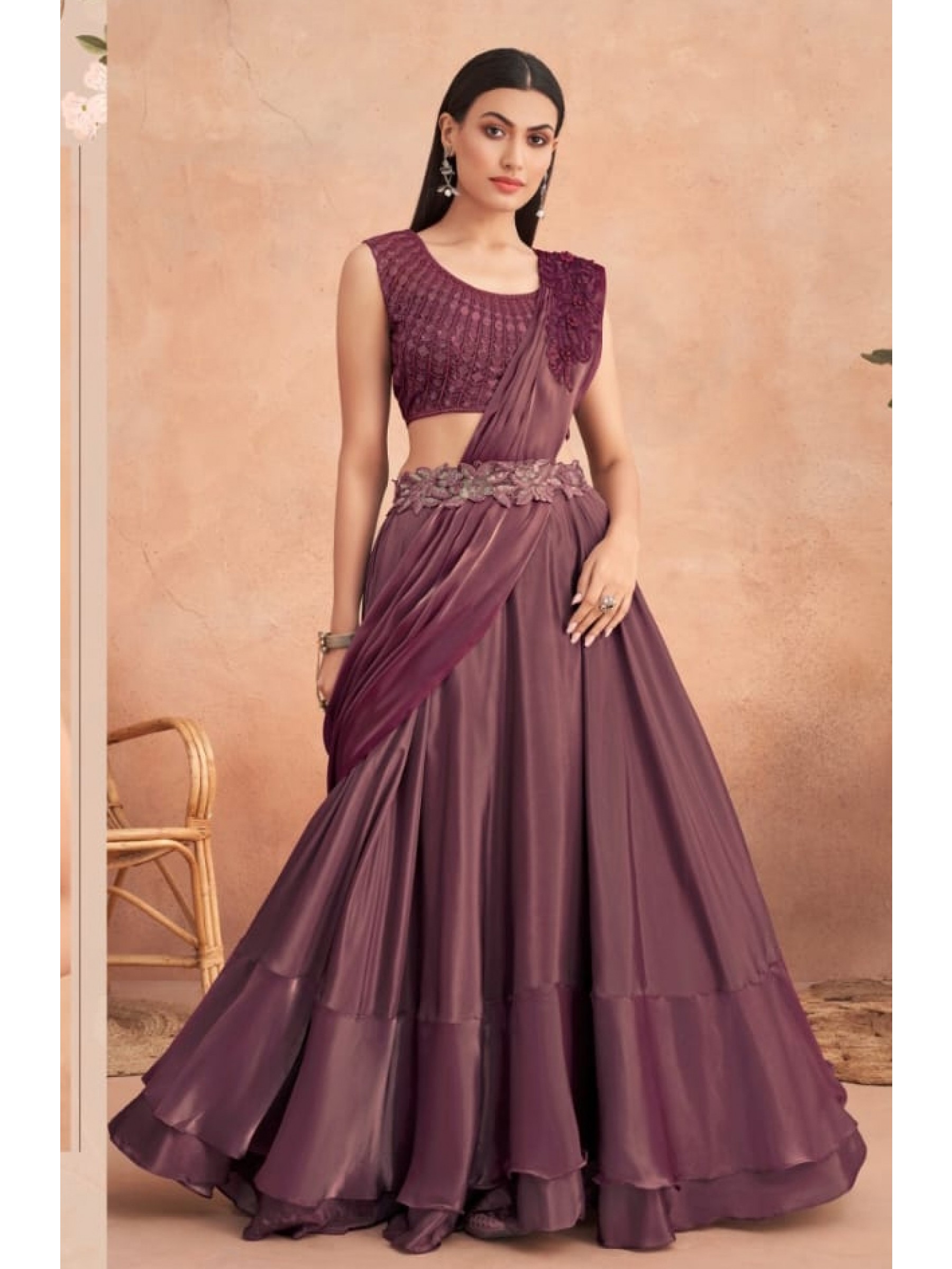Fancy Silk  Ready To Wear Saree Purple Color With Embroidery Work