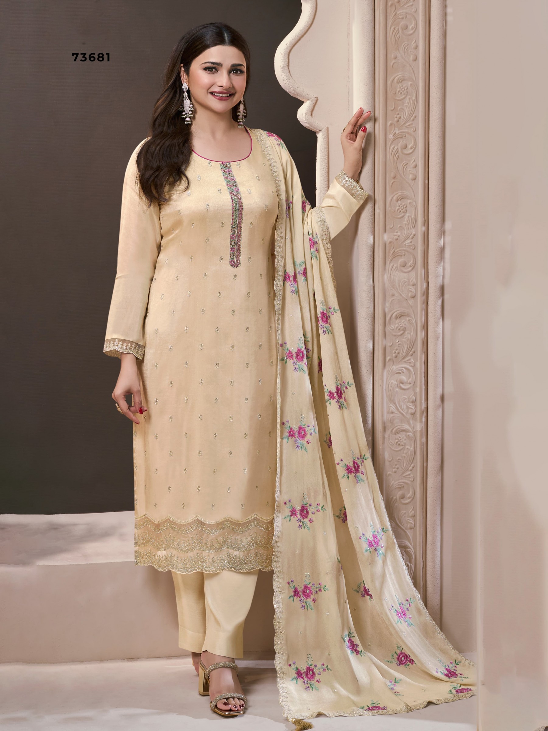 Pure Silk Party Wear Suit In Cream Color with Embroidery work