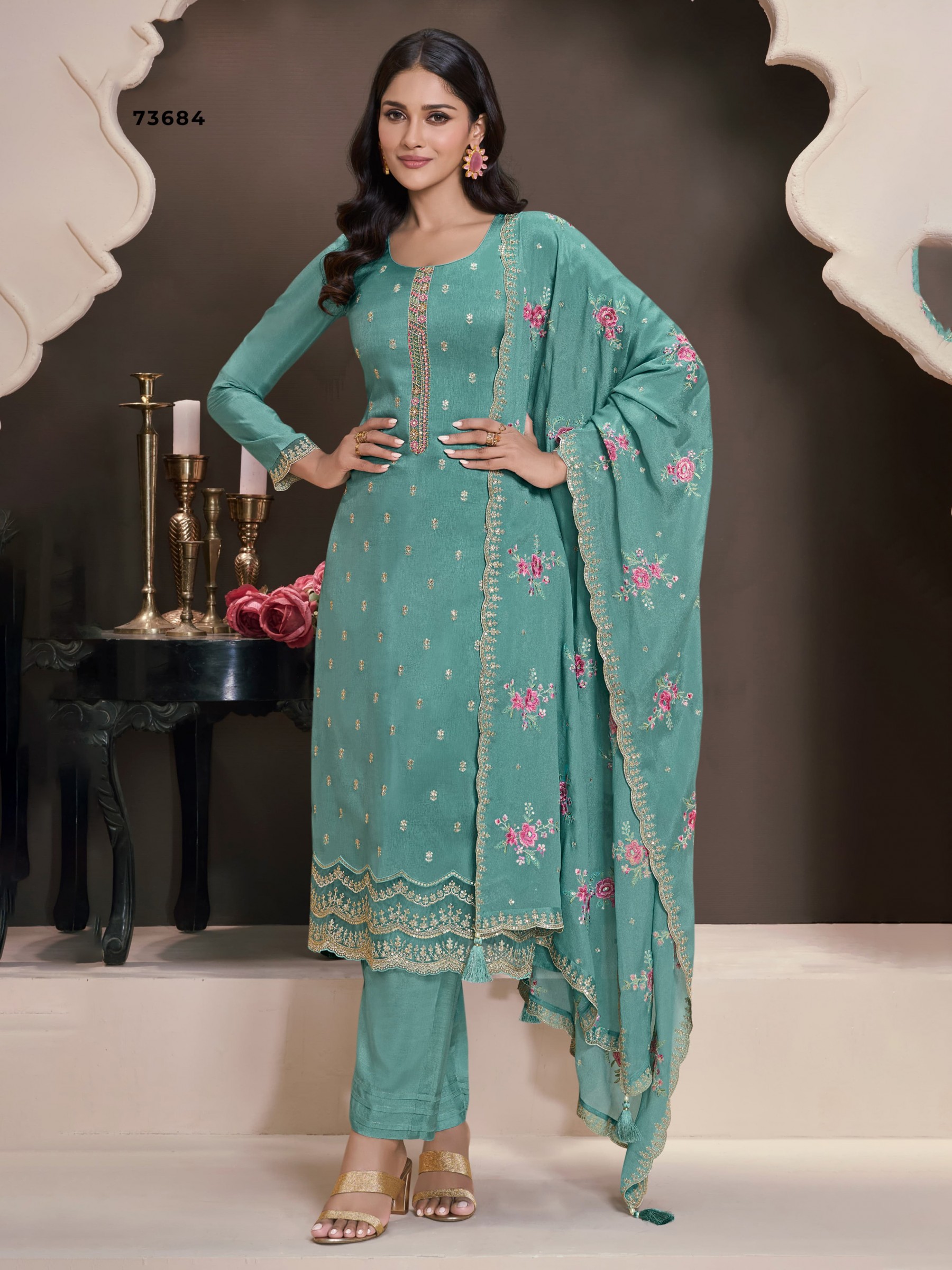 Pure Silk Party Wear Suit In Sea Green Color with Embroidery work