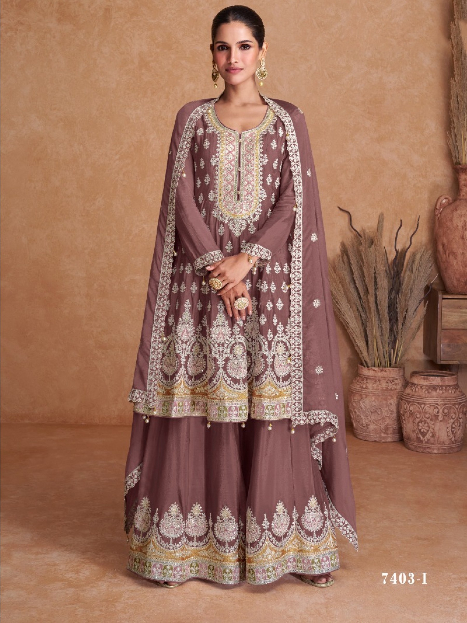 Real Chinon Party Wear Sharara In Mauve With Embroidery Work 