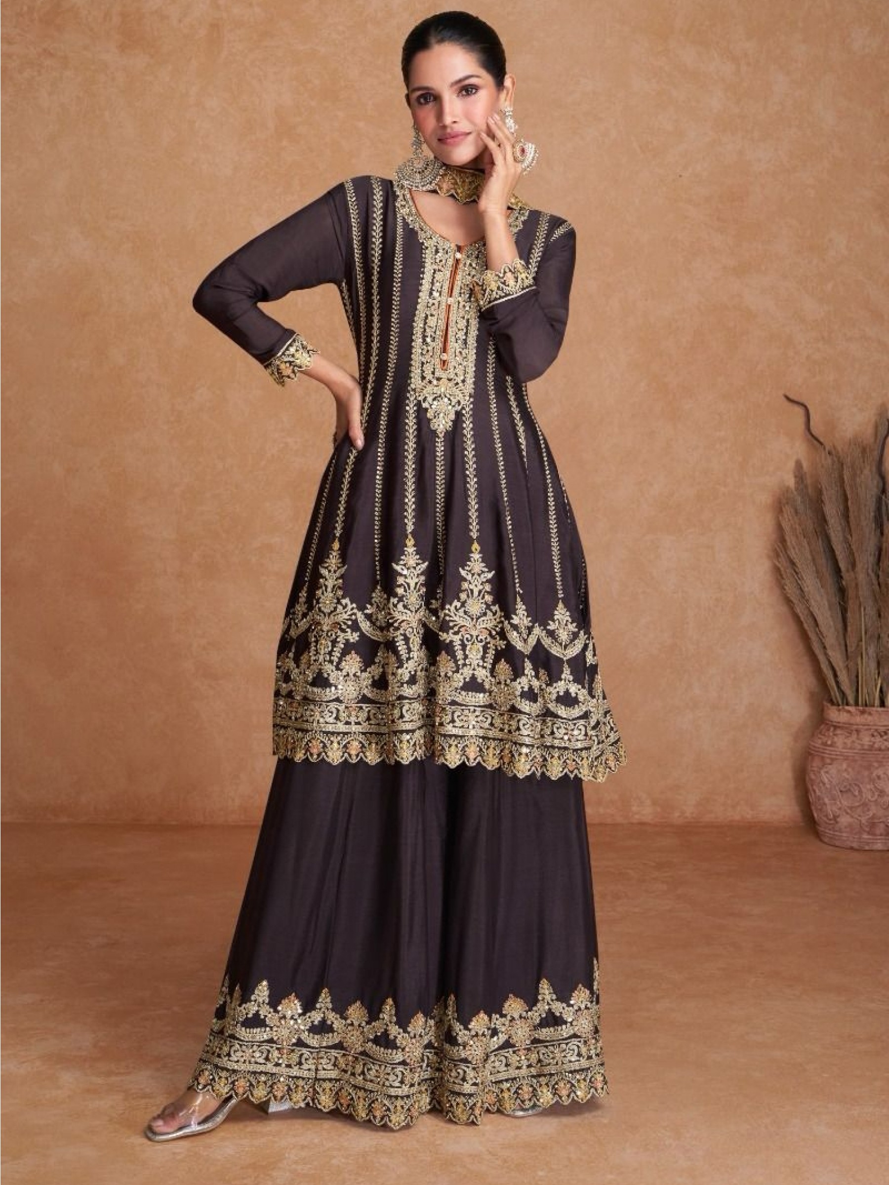 Real Chinon Party Wear Sharara In Purple With Embroidery Work 