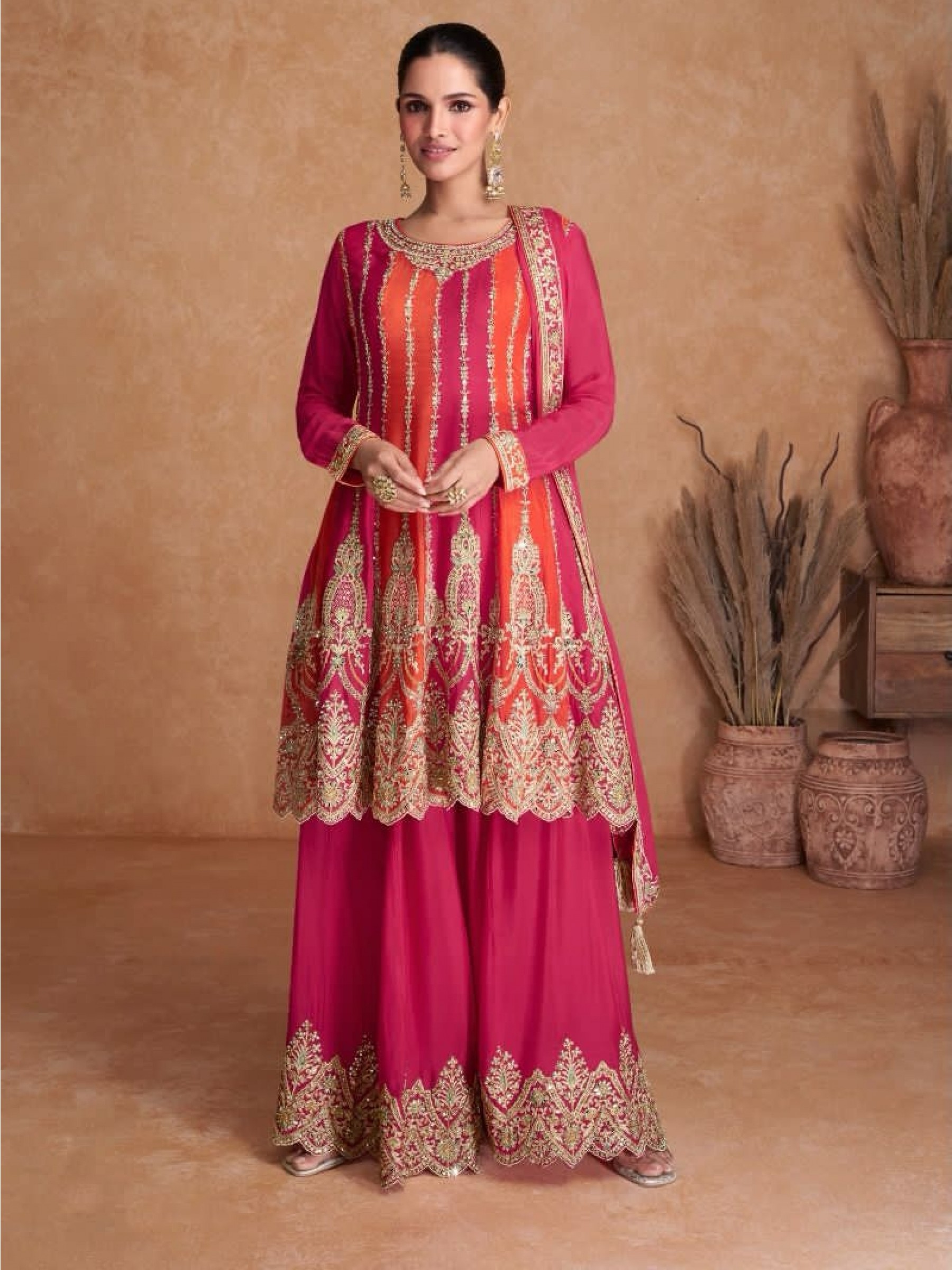 Real Chinon Party Wear Sharara In Pink With Embroidery Work 