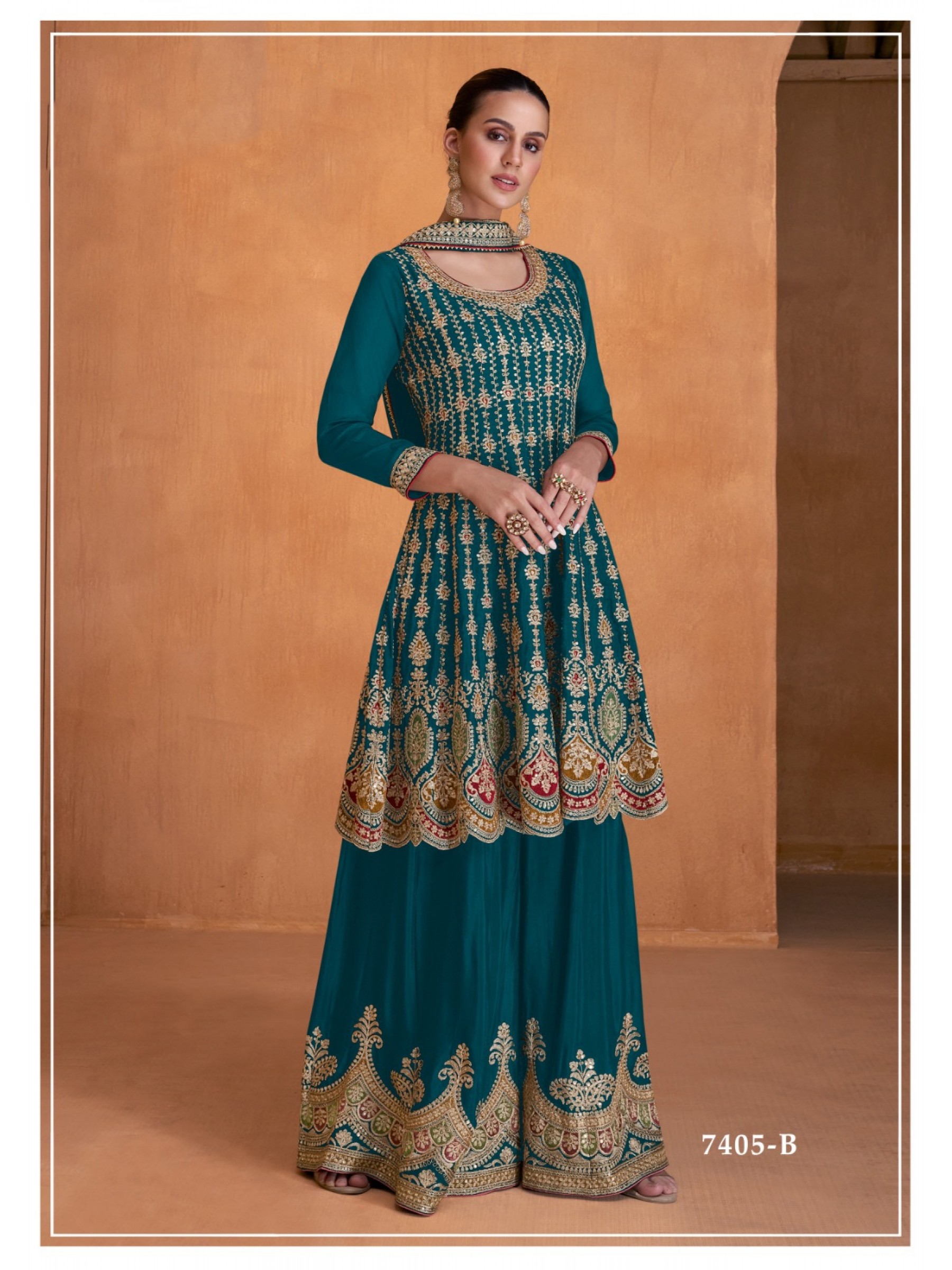 Real Chinon Party Wear Sharara In Teal Blue With Embroidery Work 