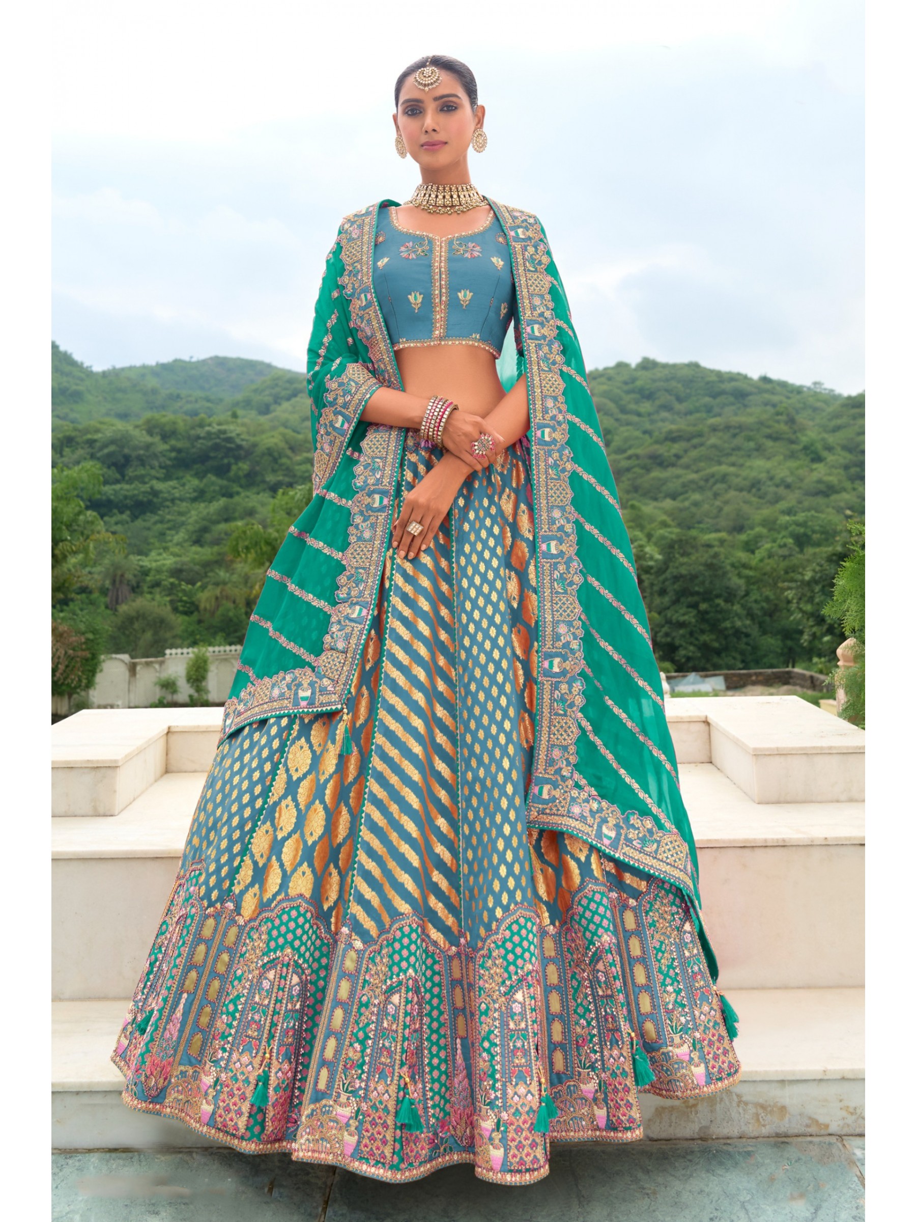 Pure Dola Silk Wedding Wear Lehenga in Turquoise Color With Embroidery work