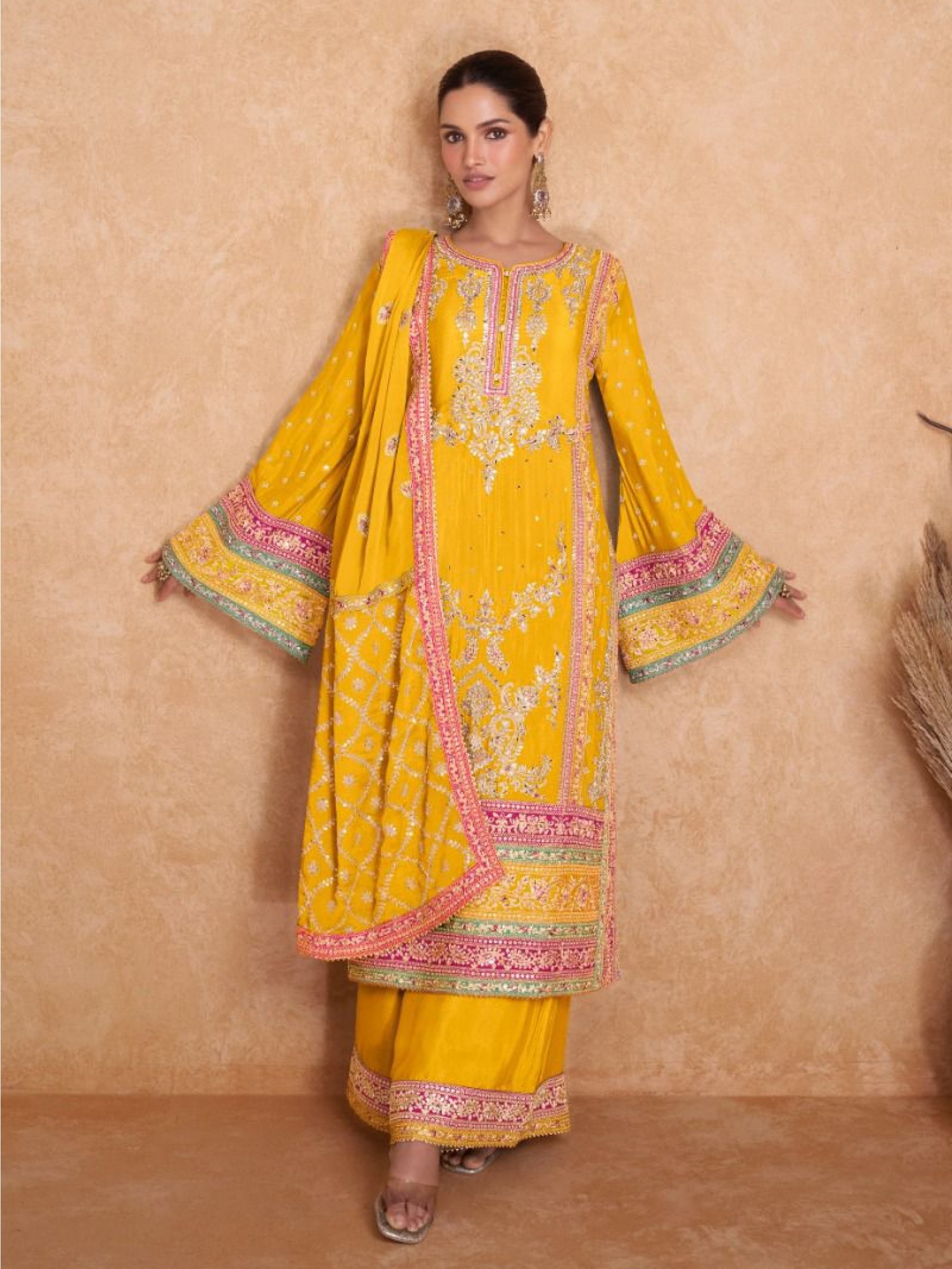 Pure Chinon Party Wear Sharara In Yellow With Embroidery Work 