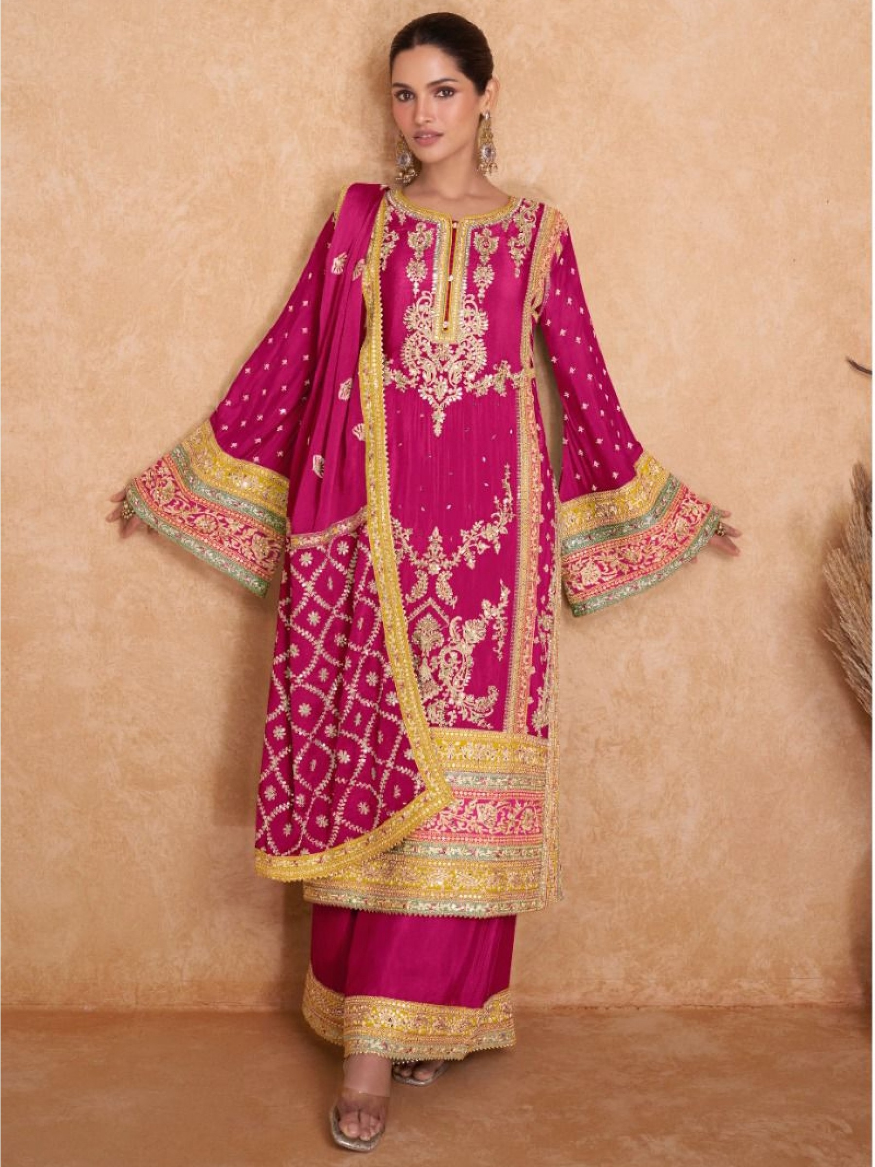 Pure Chinon Party Wear Sharara In Pink With Embroidery Work 