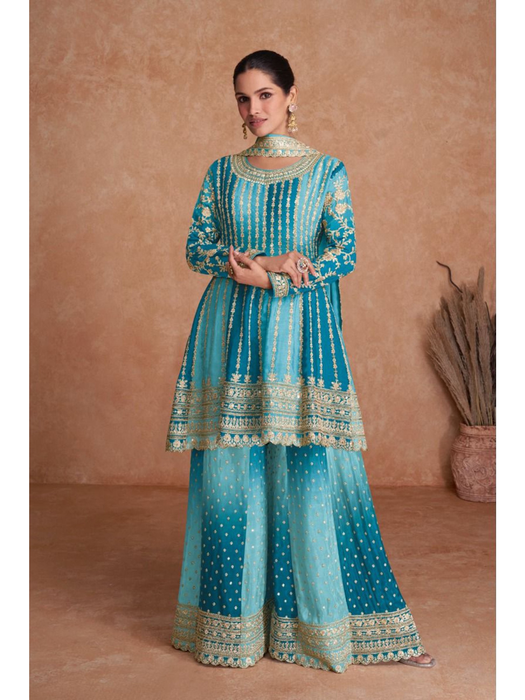 Pure Chinon Silk  Party Wear Sharara In Blue Color  With Embroidery Work 