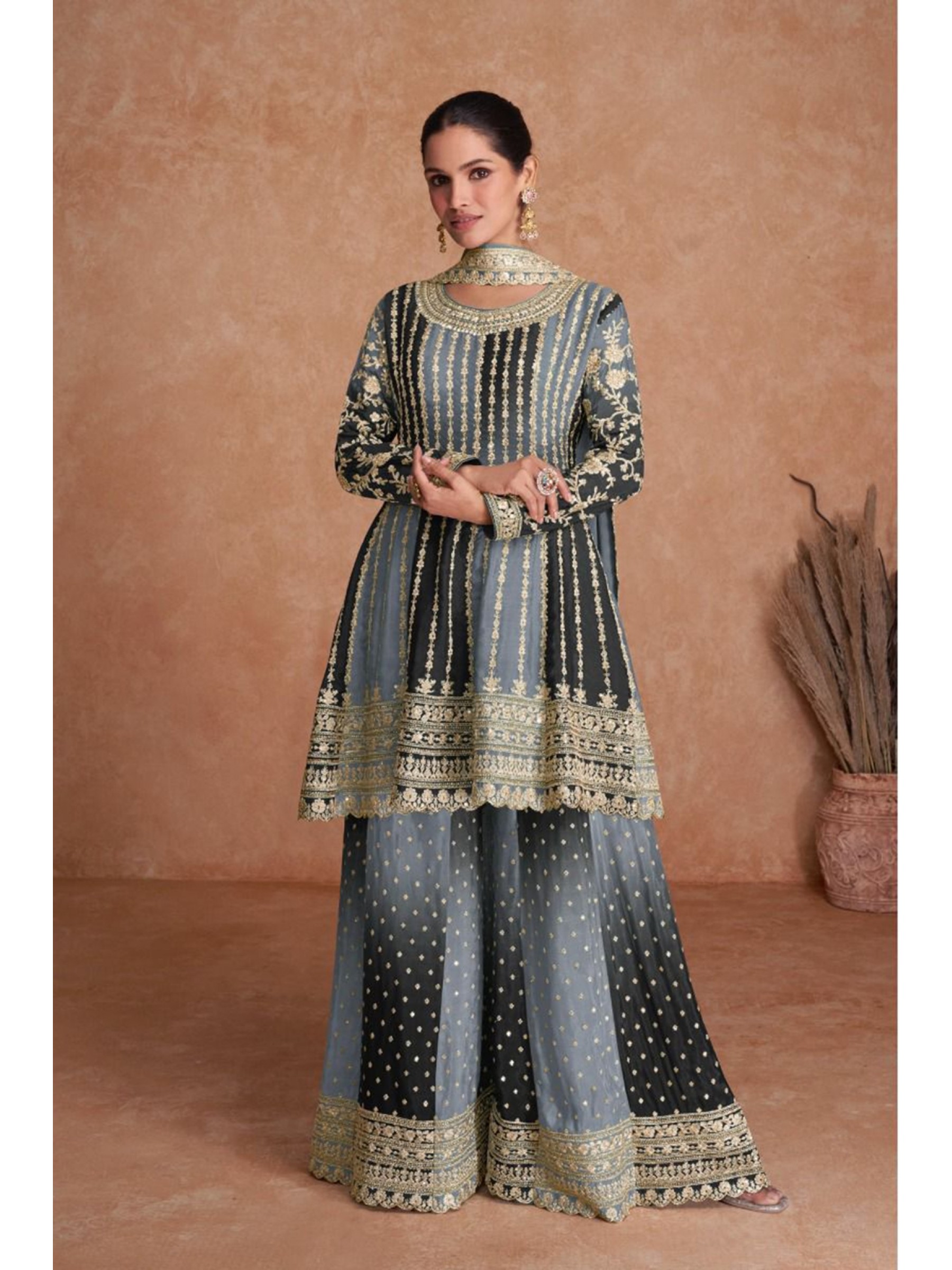 Pure Chinon Silk  Party Wear Sharara In Grey Color  With Embroidery Work 