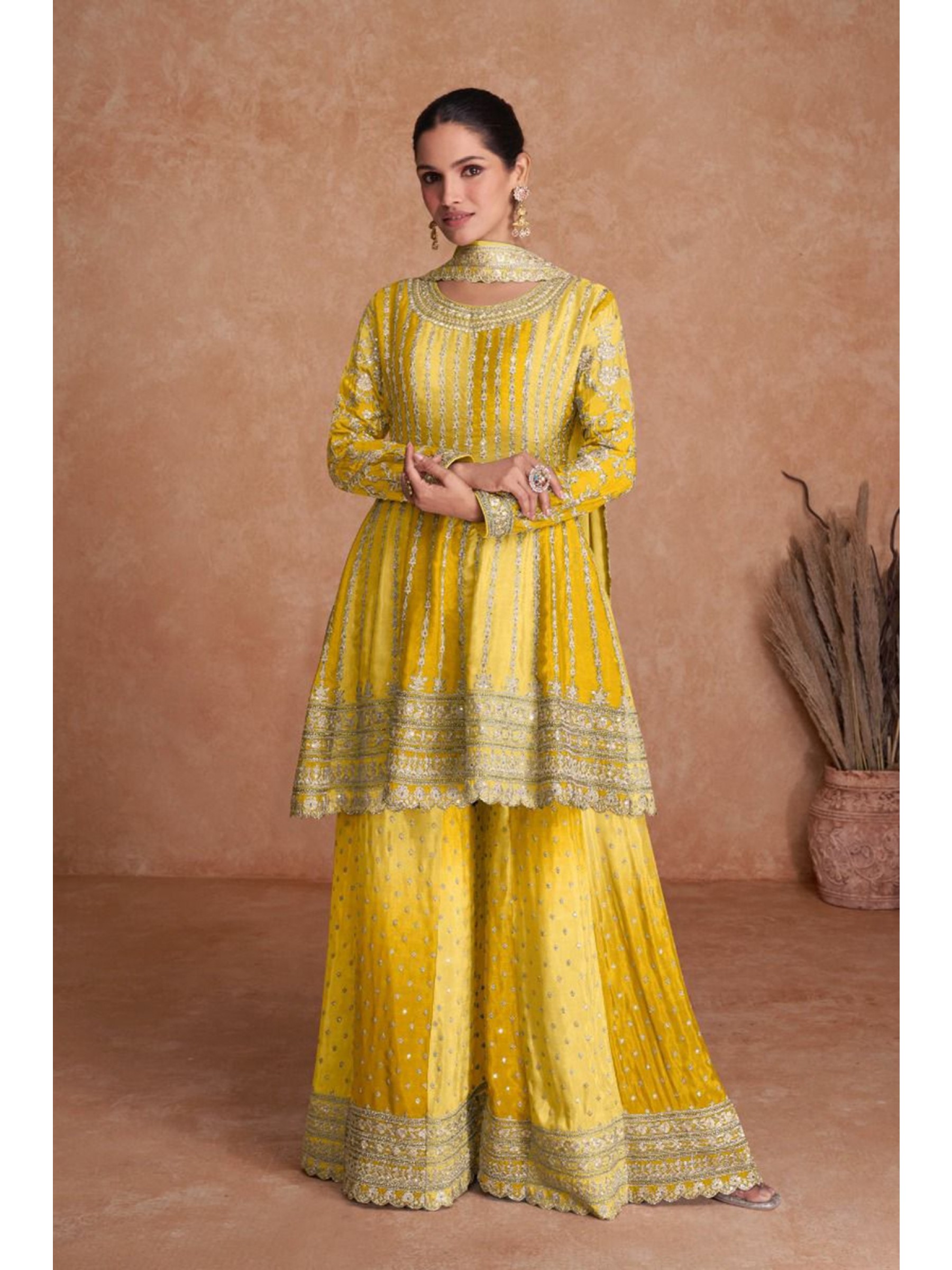 Pure Chinon Silk  Party Wear Sharara In Yellow Color  With Embroidery Work 