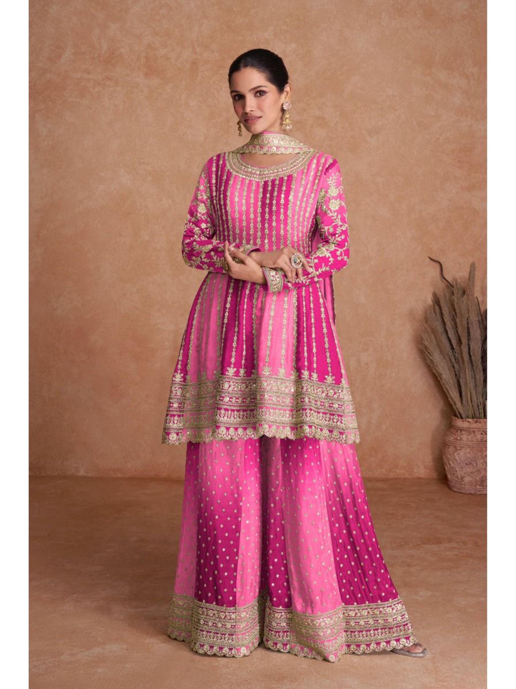 Pure Chinon Silk  Party Wear Sharara In Pink Color  With Embroidery Work 