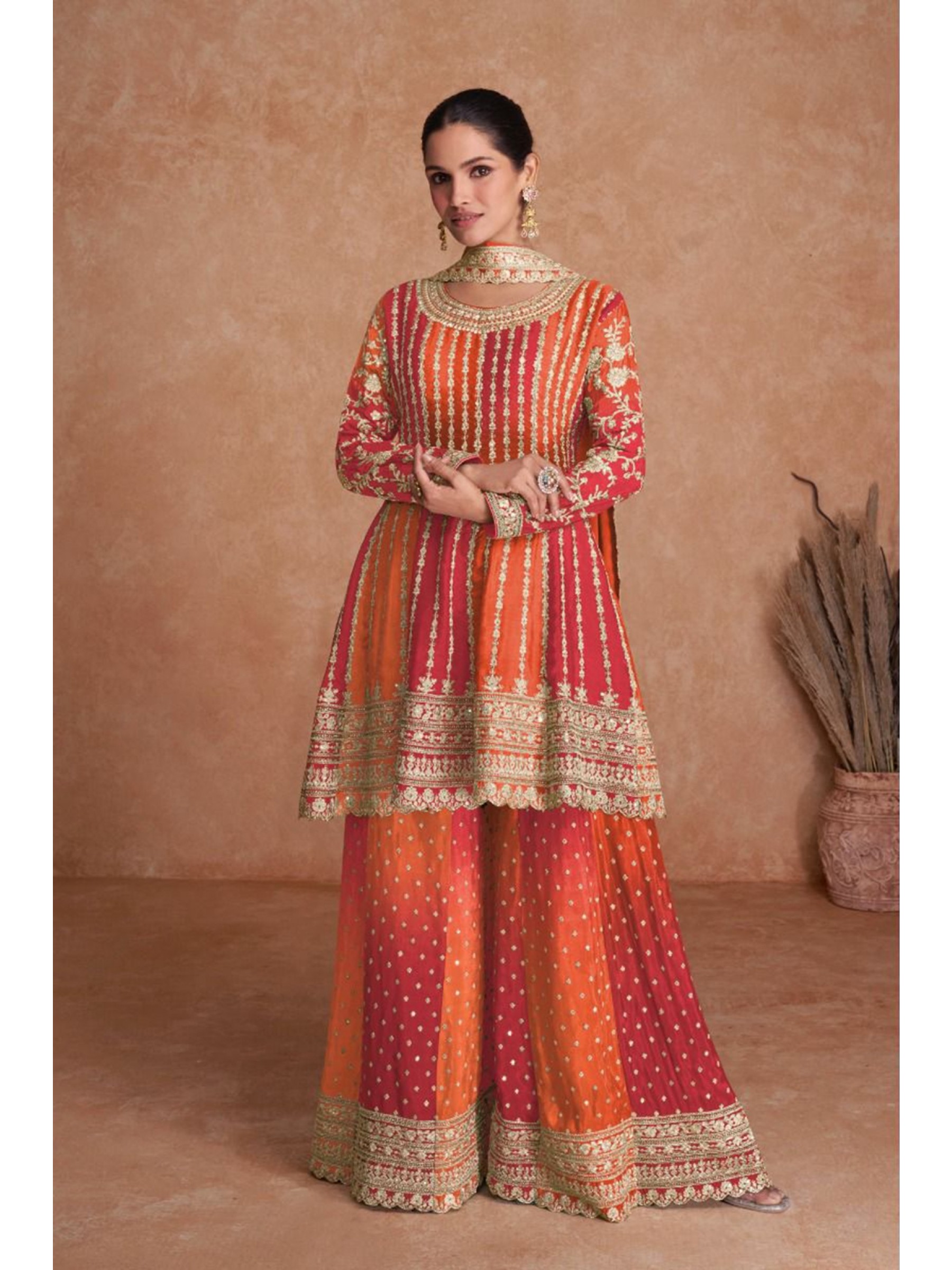 Pure Chinon Silk  Party Wear Sharara In Multi Color  With Embroidery Work 