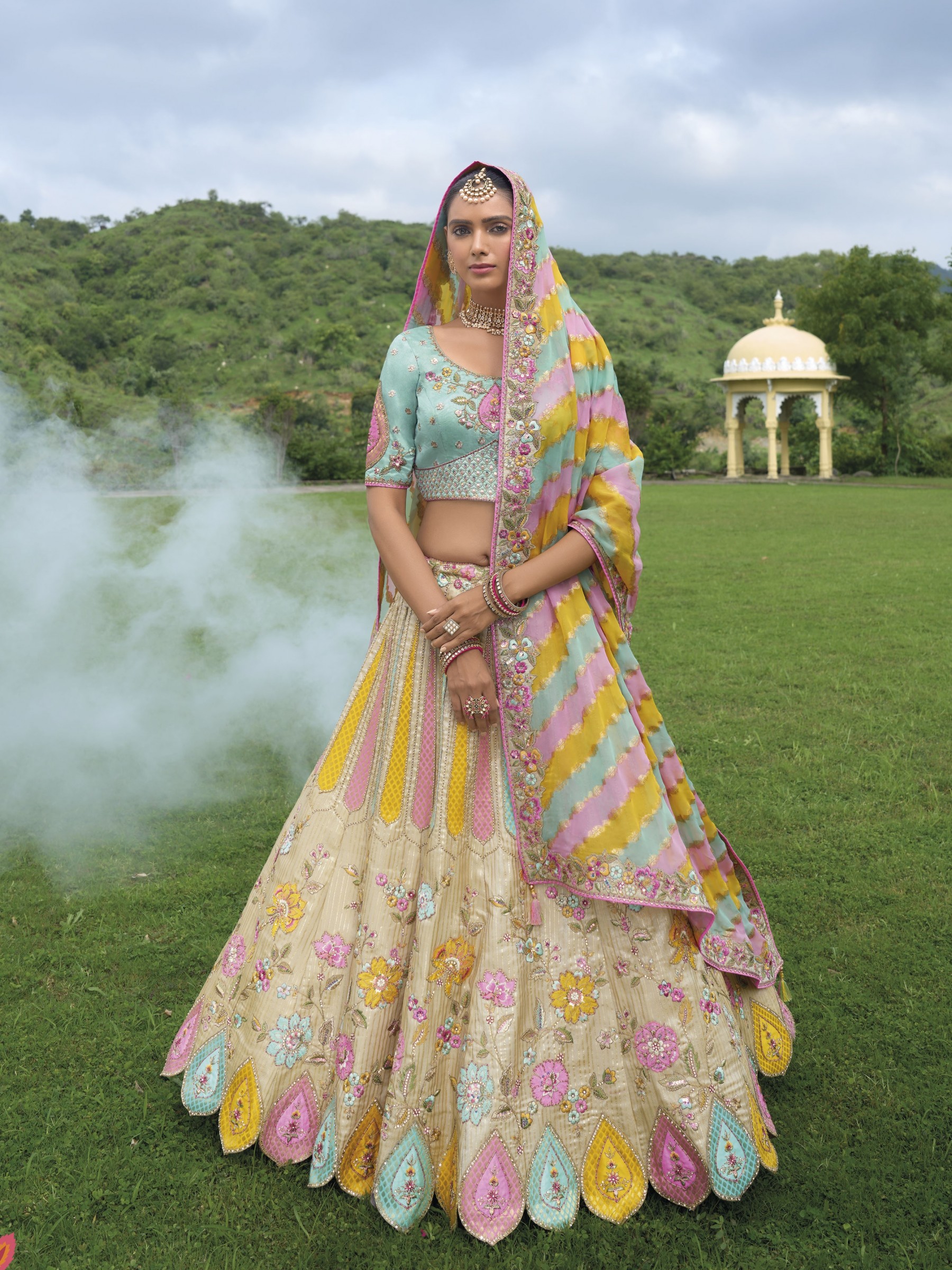 Pure Dola Silk Wedding Wear Lehenga in Multi Color With Embroidery work