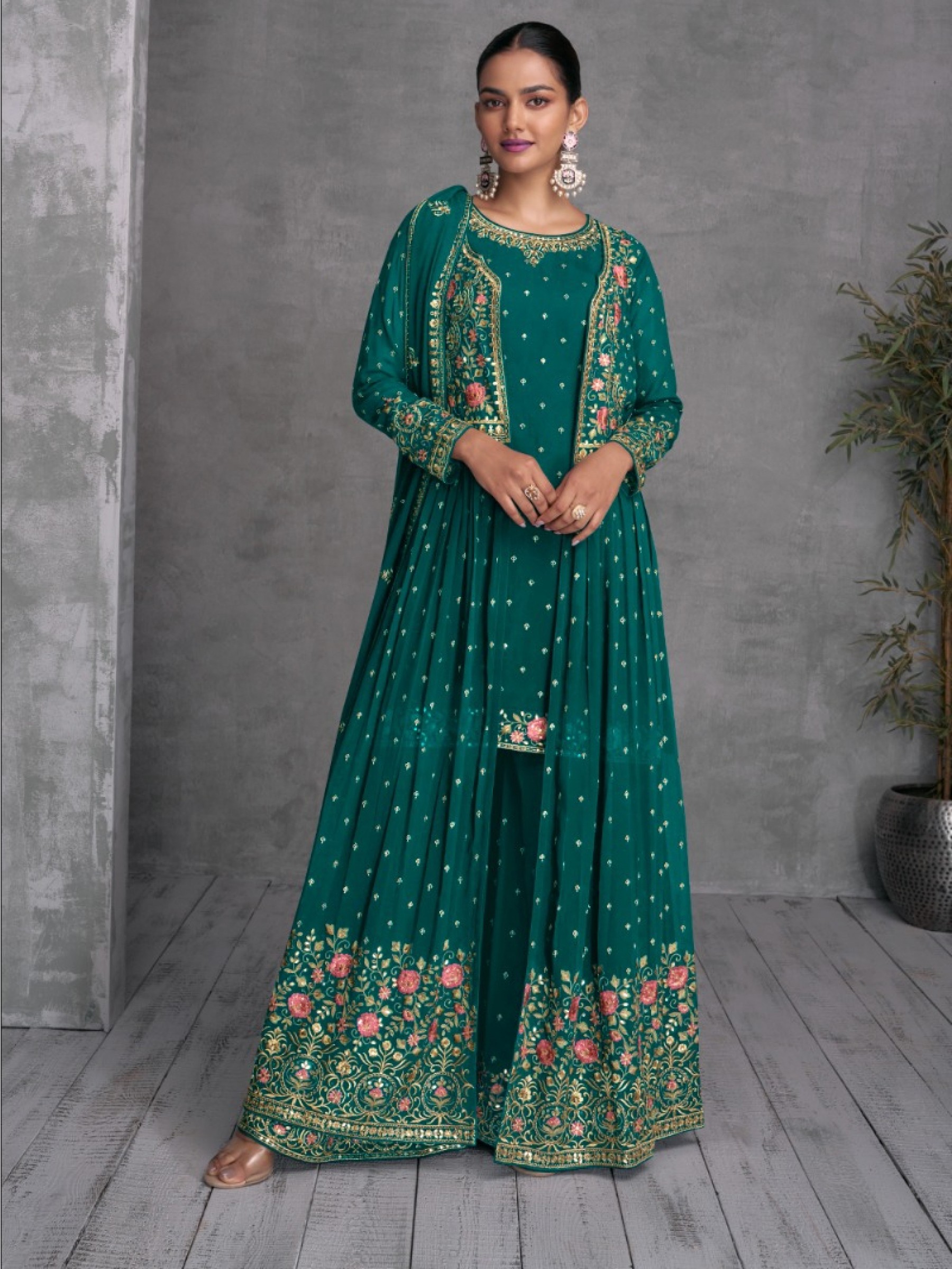 Pure Georgette Party Wear Plazo in Turquoise Color with  Embroidery Work