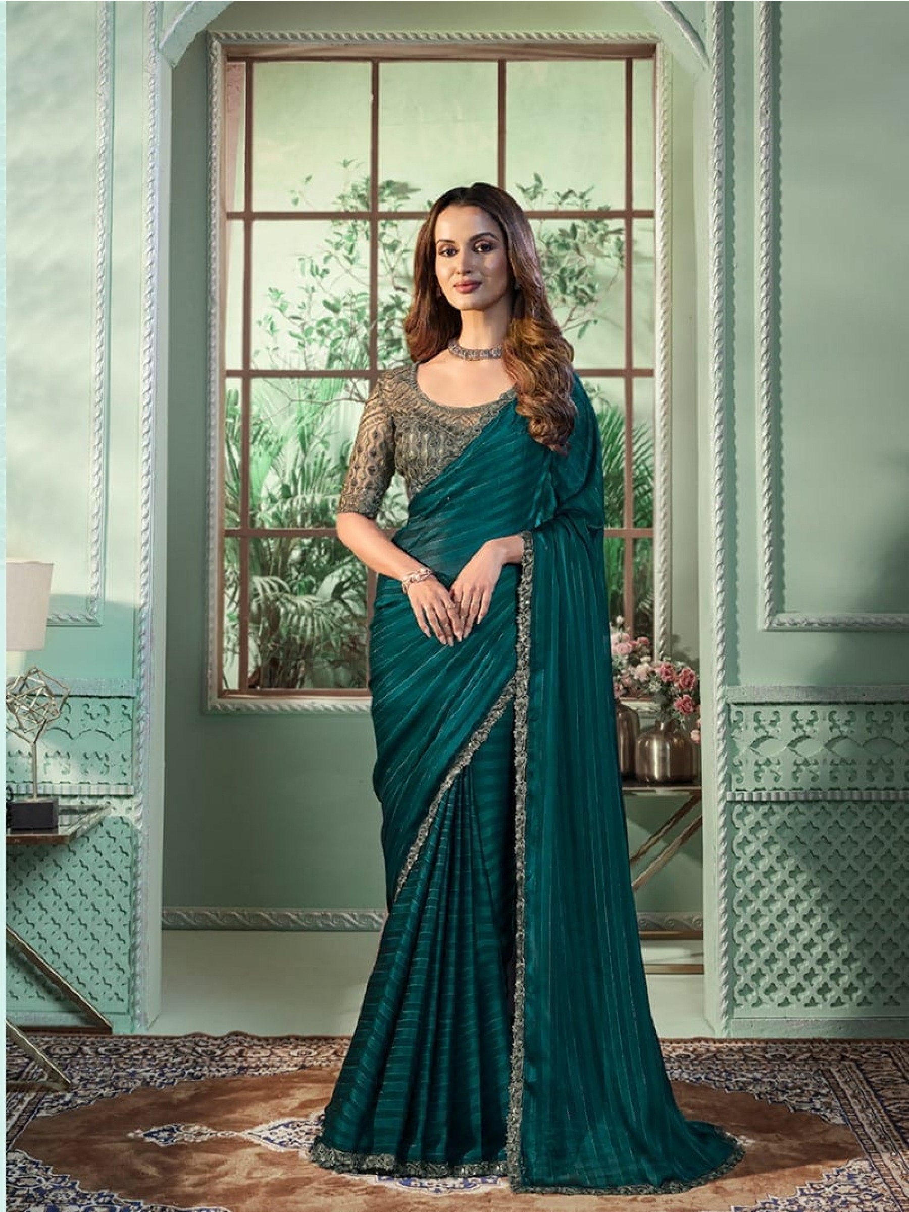 Georgette Silk  Party wear Saree Teal Green Color With Embroidery Work