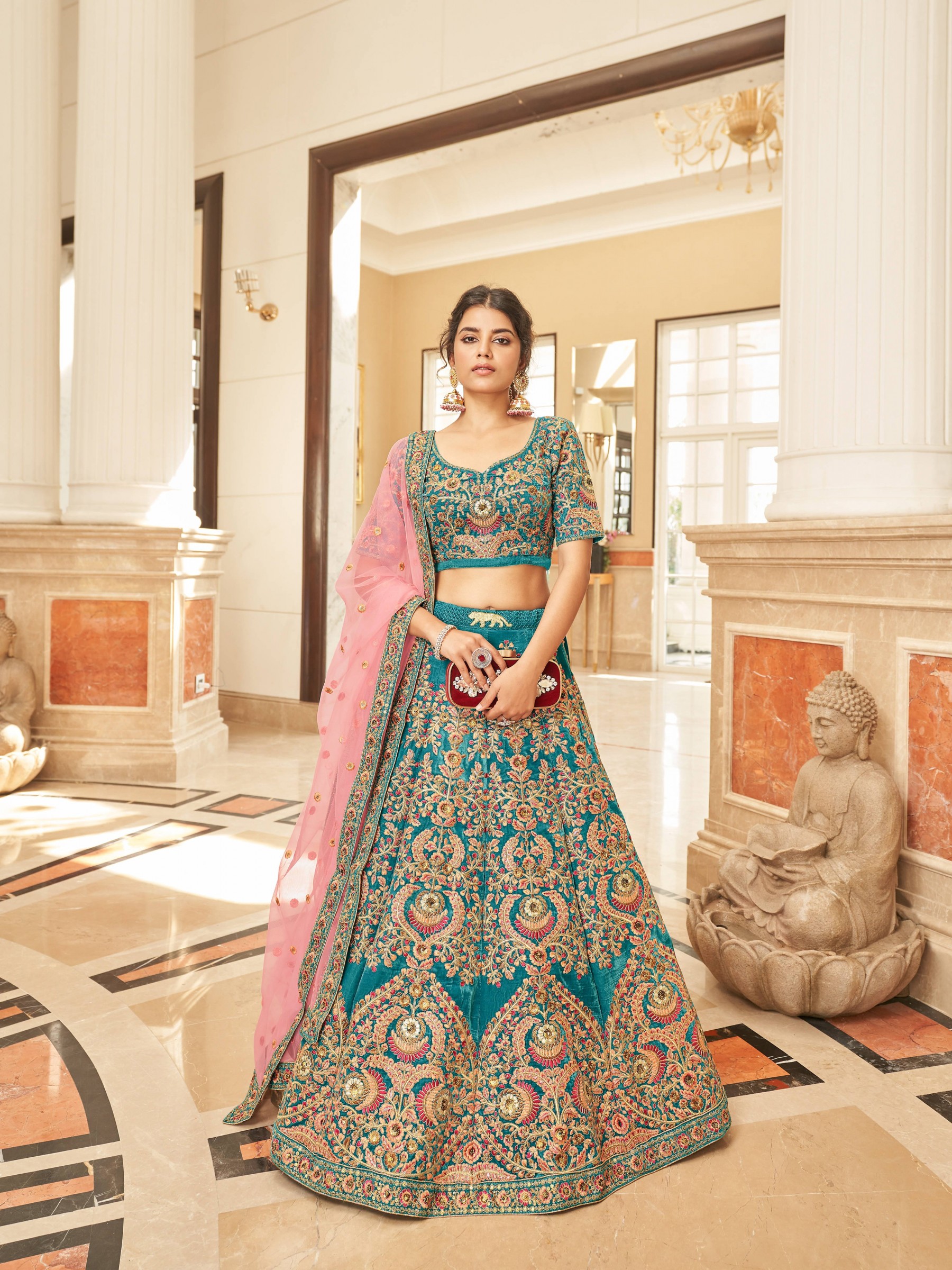 Silk Fabrics Party Wear Lehenga in Teal Blue Color With Embroidery Work