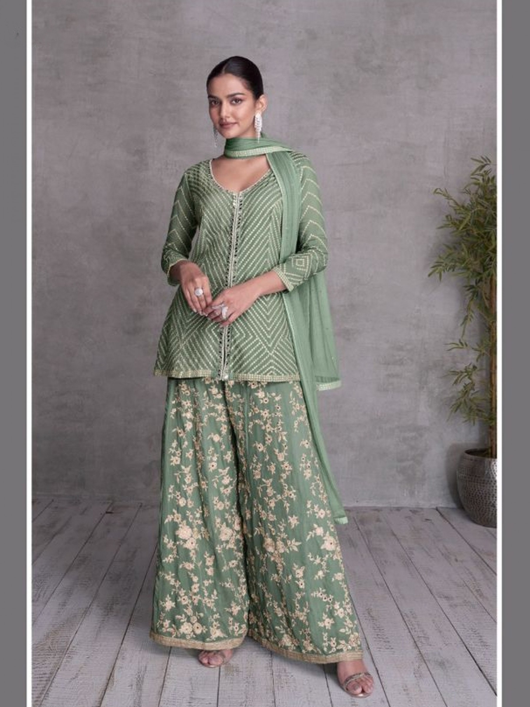 Pure Chinon Party Wear Sharara In Pastel Green With Embroidery Work 