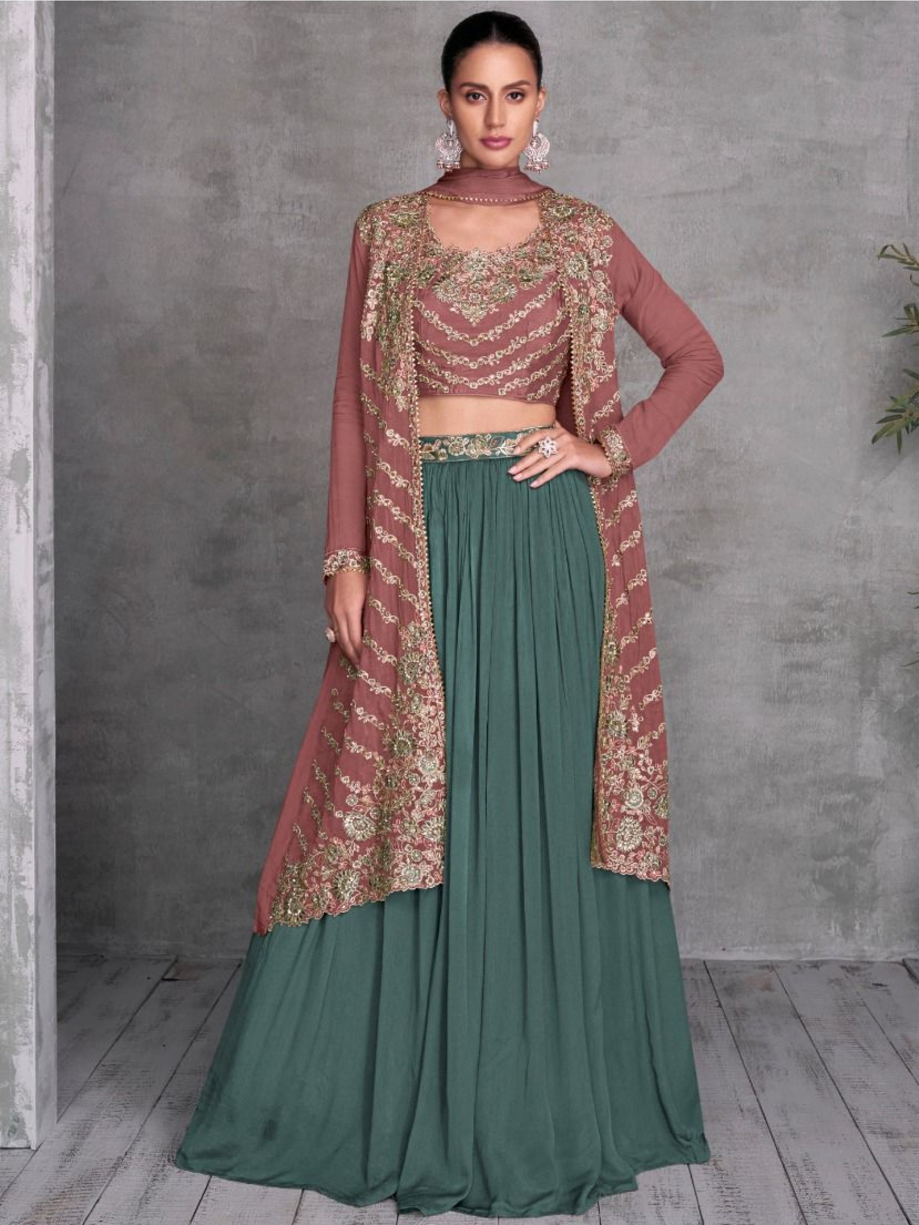 Pure Chinon Silk Fabrics Party Wear 3 Peace Set In Teal & Coffee Color With Embroidery Work