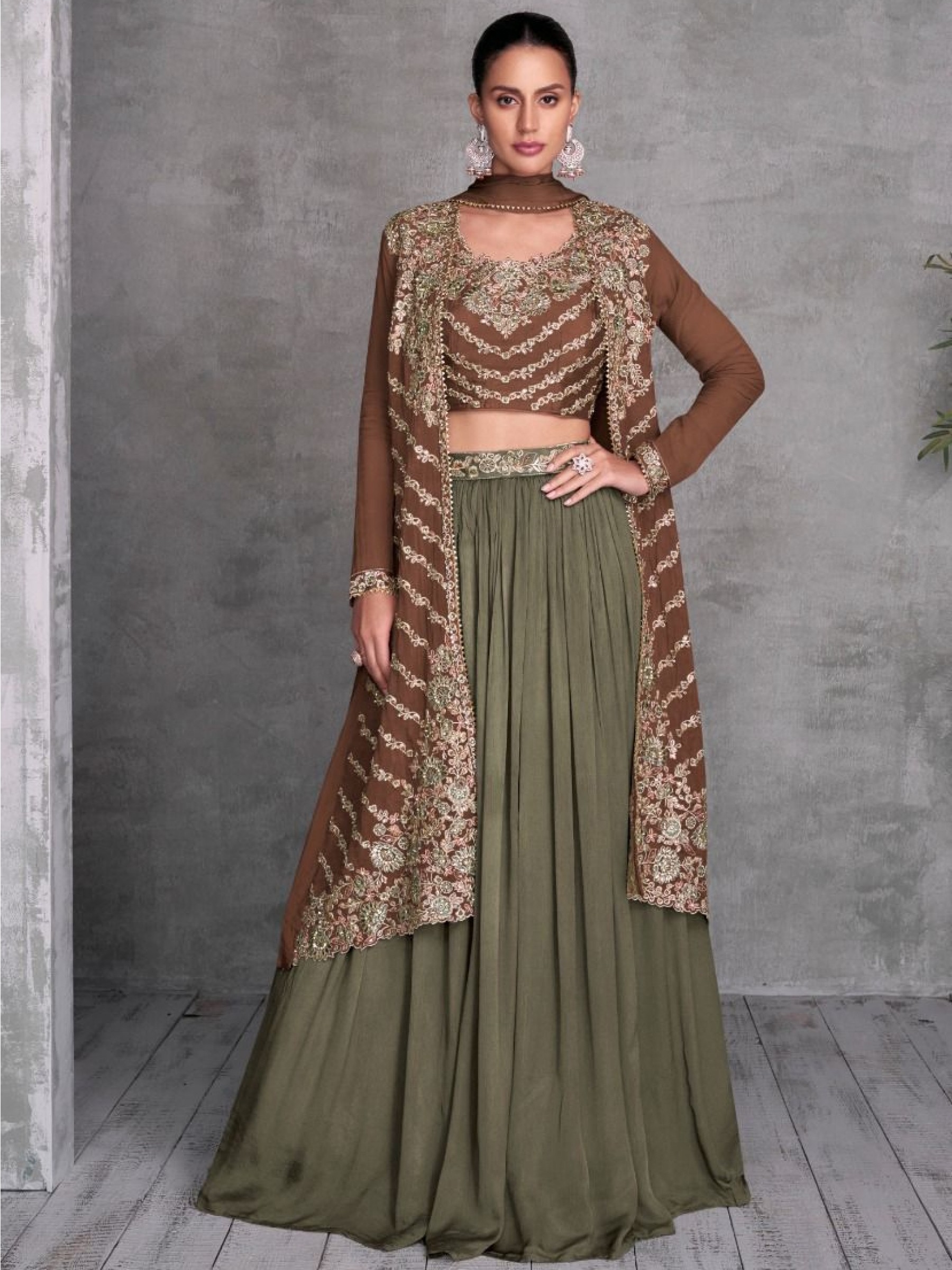 Pure Chinon Silk Fabrics Party Wear 3 Peace Set In Green & Coffee Color With Embroidery Work