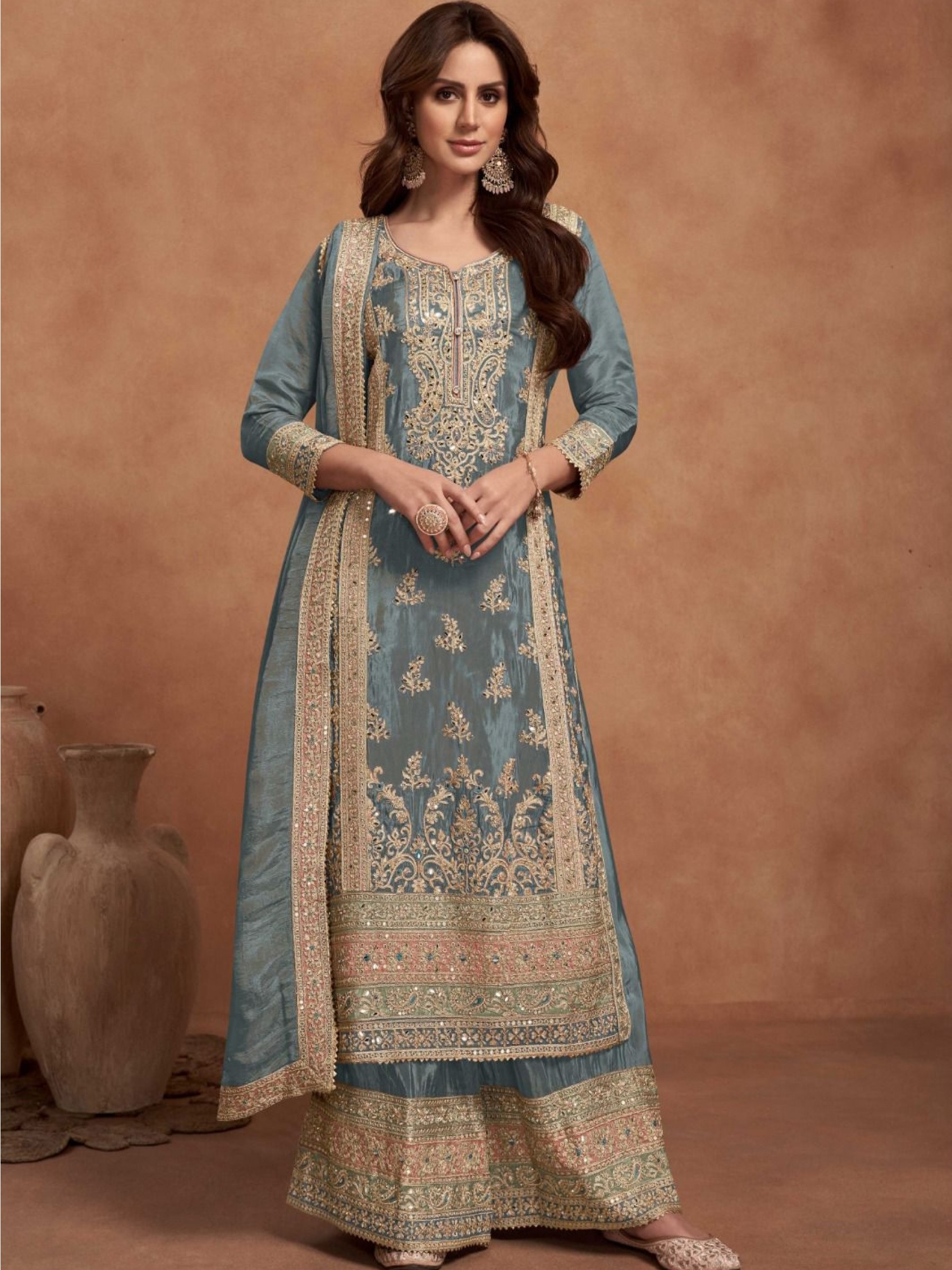 Pure Simmer Silk Party Wear Plazo In Grey Color With Embroidery Work Party Wear Salwar Suit Suits Sharara