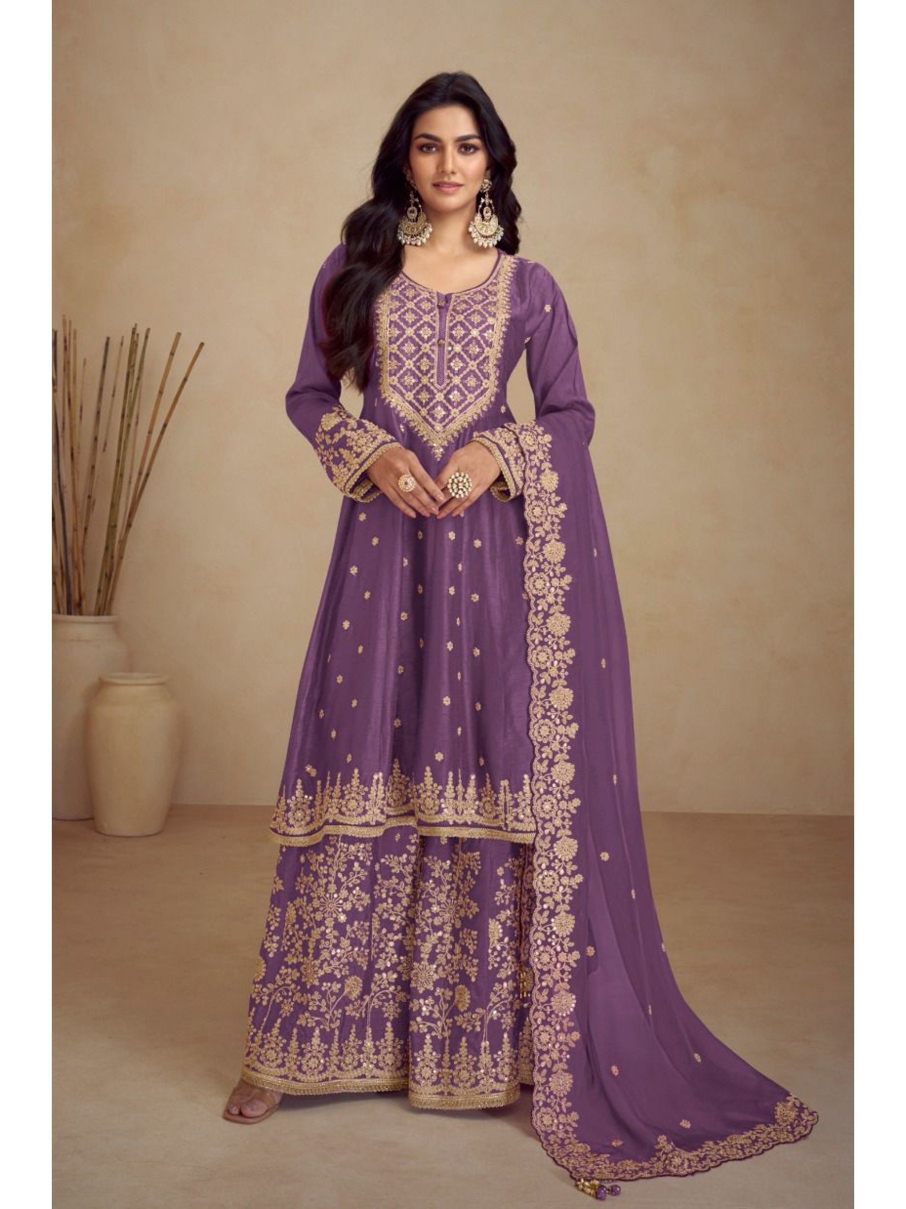 Pure Chinon Silk Party Wear Sharara In Purple Color With Embroidery Work 