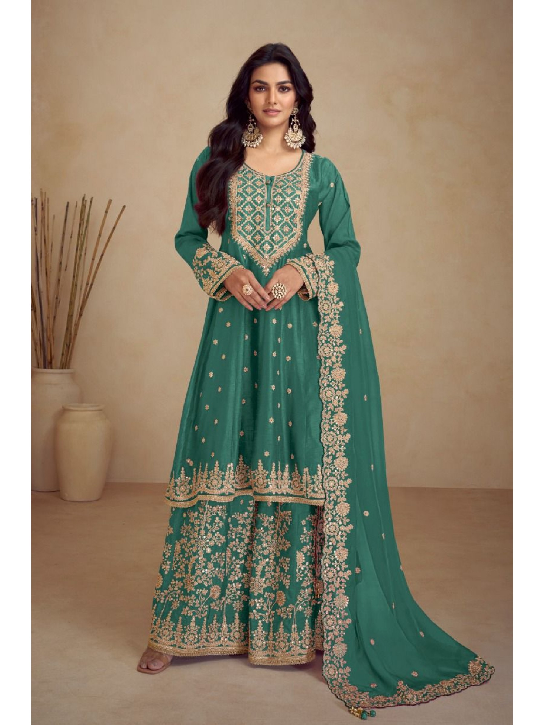 Pure Chinon Silk Party Wear Sharara In Green Color With Embroidery Work 