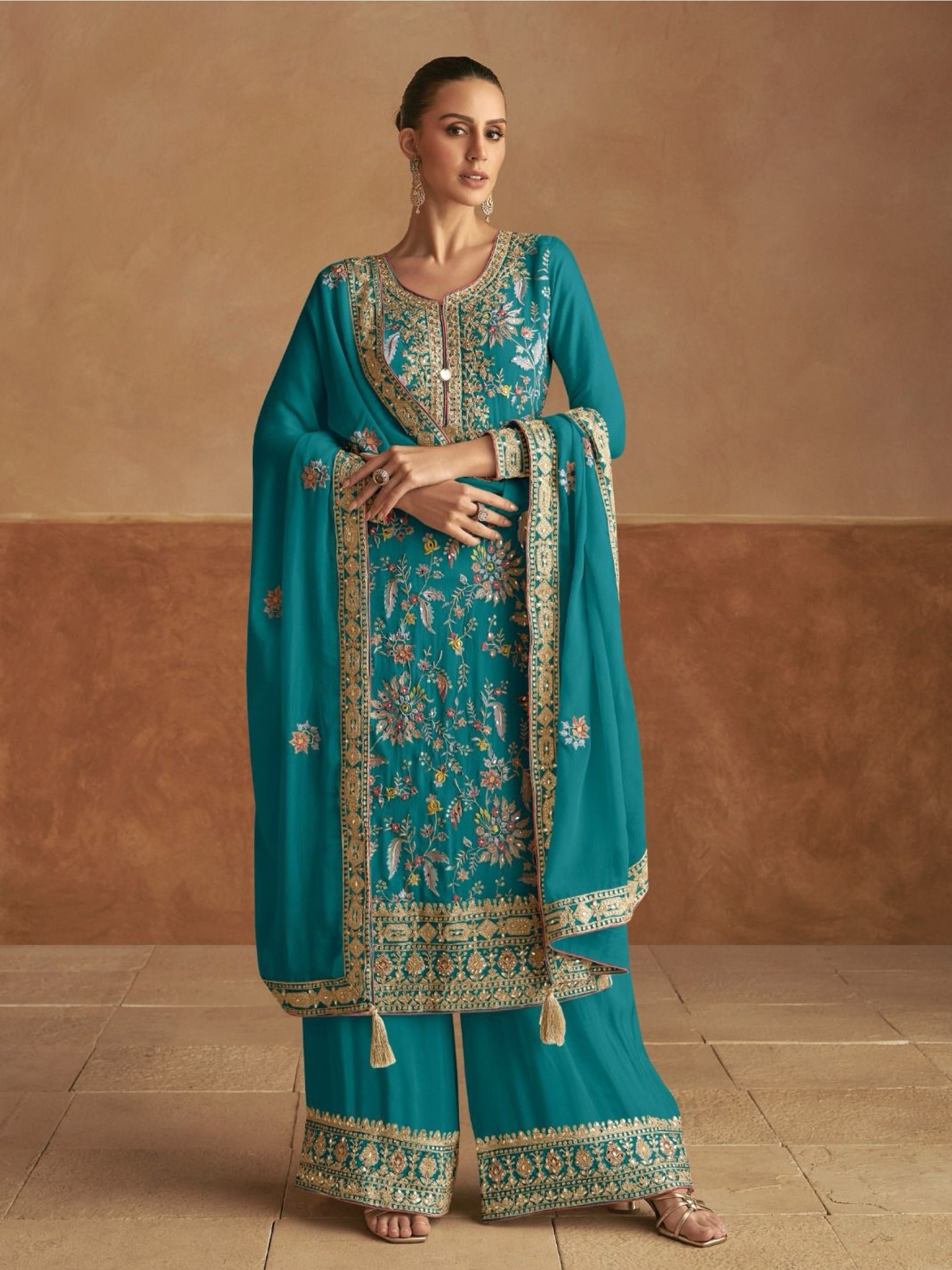 Real Chinon Silk Party Wear Sharara Turquoise Blue Color with Embroidery Work