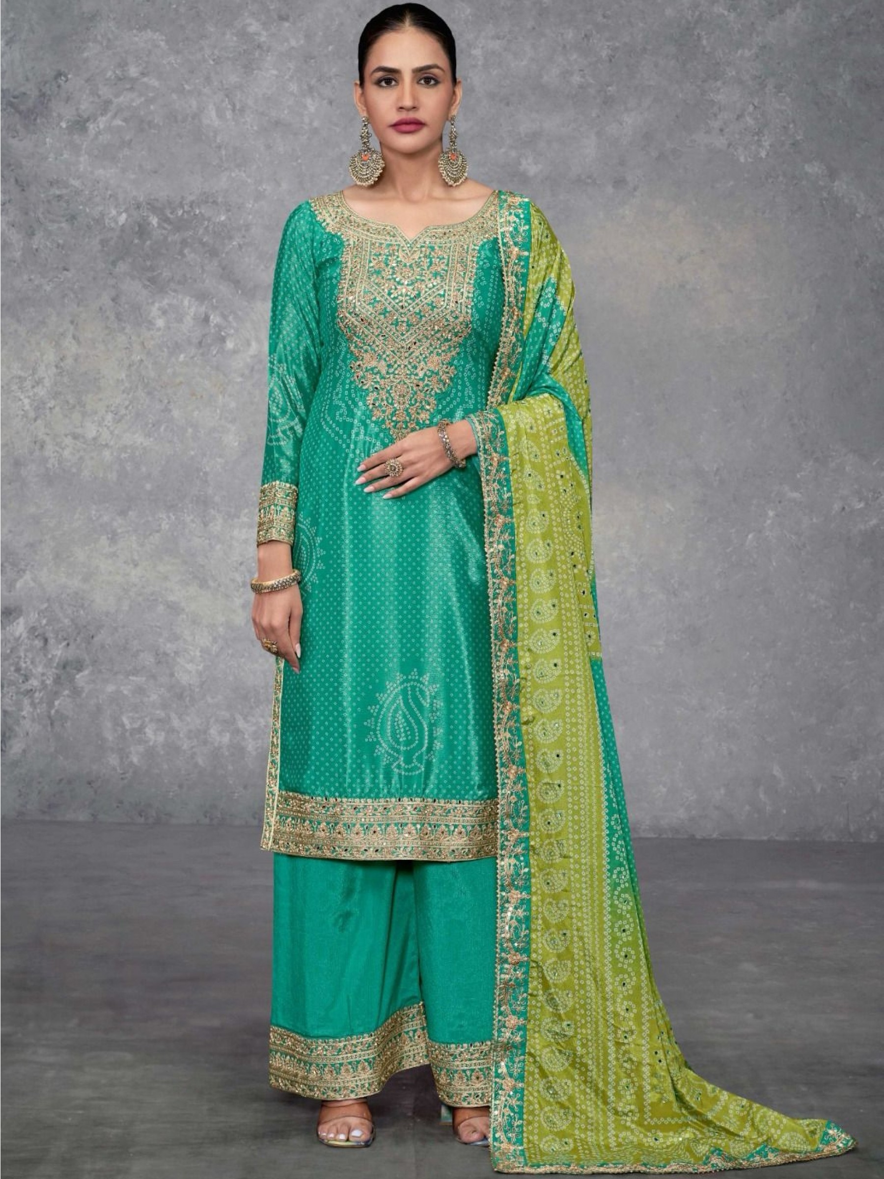 Pure Chinon Silk Party Wear Sharara Green Color with Embroidery Work