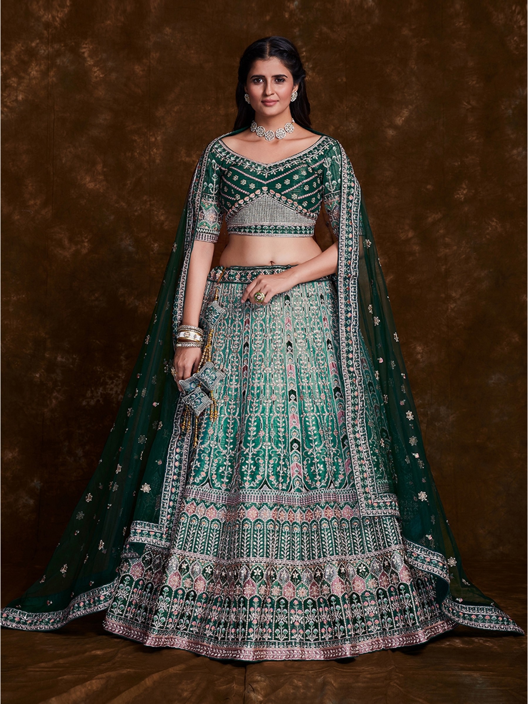 Art Silk Wedding Wear Lehenga In Teal Green Color  With Embroidery Work