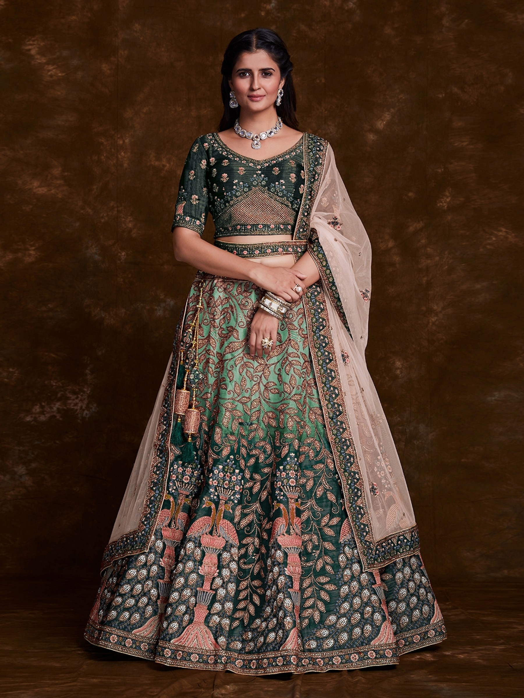 Art Silk Wedding Wear Lehenga In  Green Color  With Embroidery Work