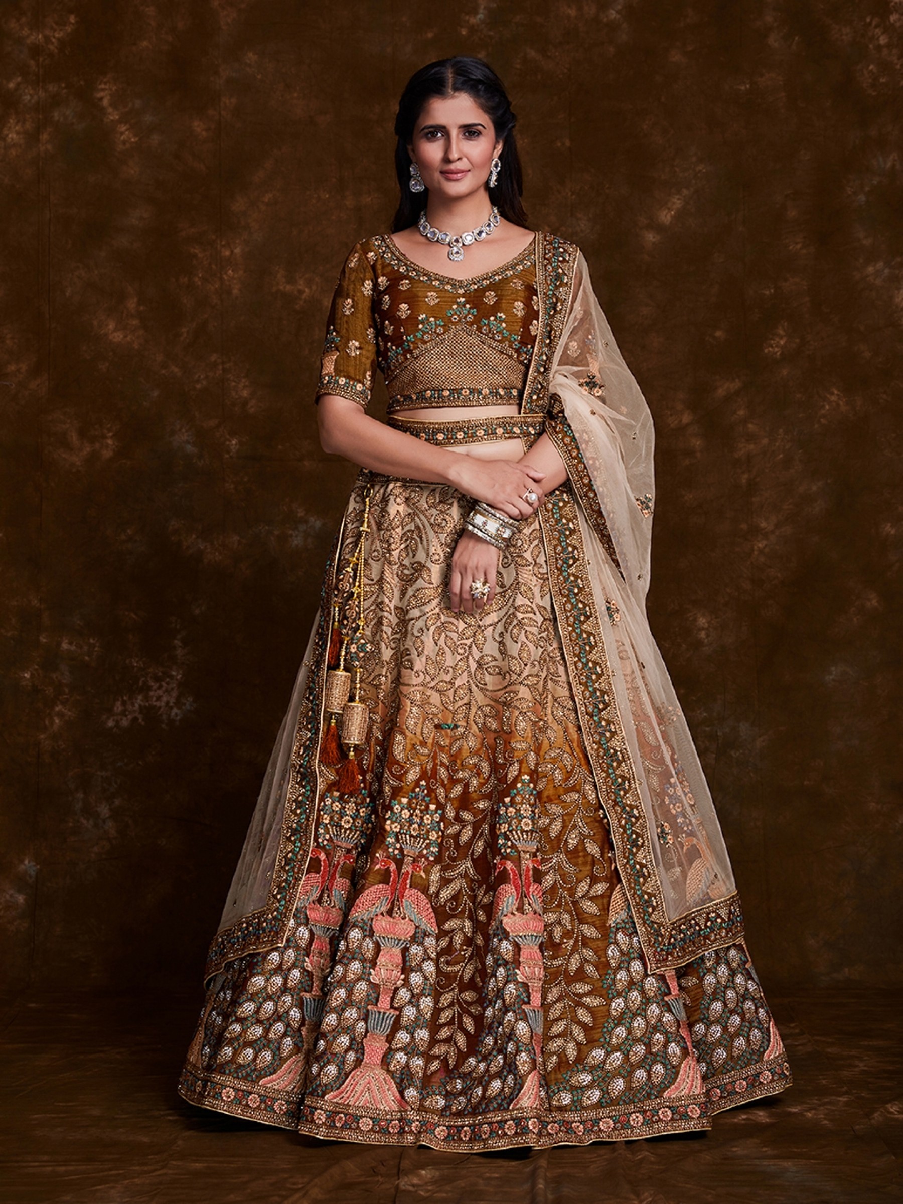 Art Silk Wedding Wear Lehenga In Brown Color  With Embroidery Work