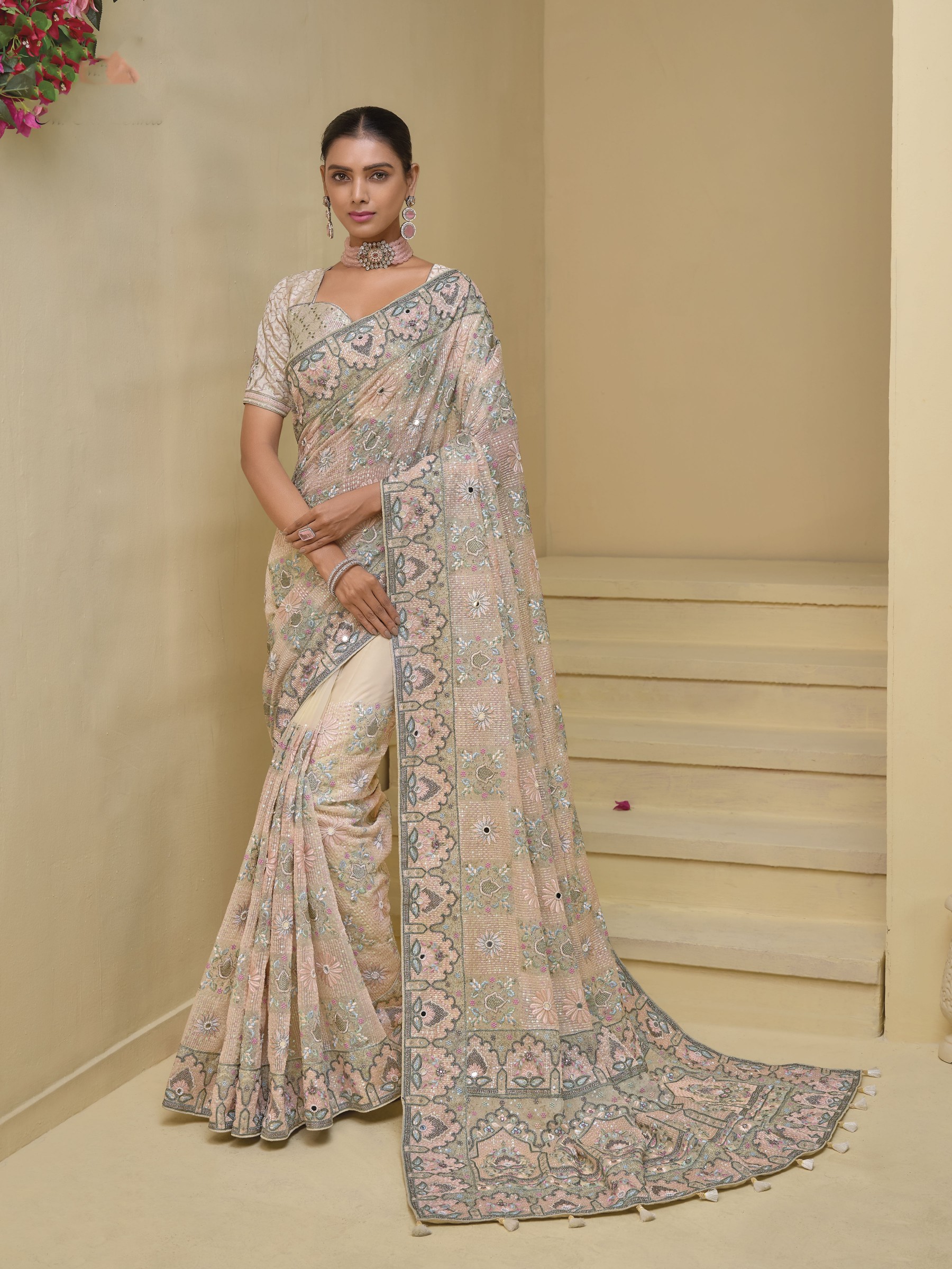 Pure Banarasi tascany Fabric Wedding wear Saree In Cream Color With Embroidery Work