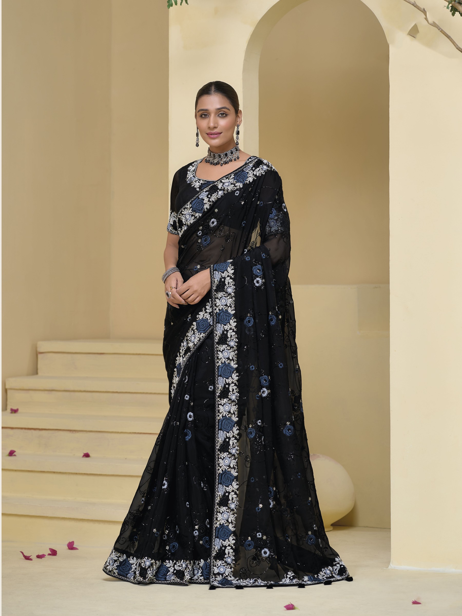 Pure Banarasi tascany Fabric Wedding wear Saree In Black Color With Embroidery Work
