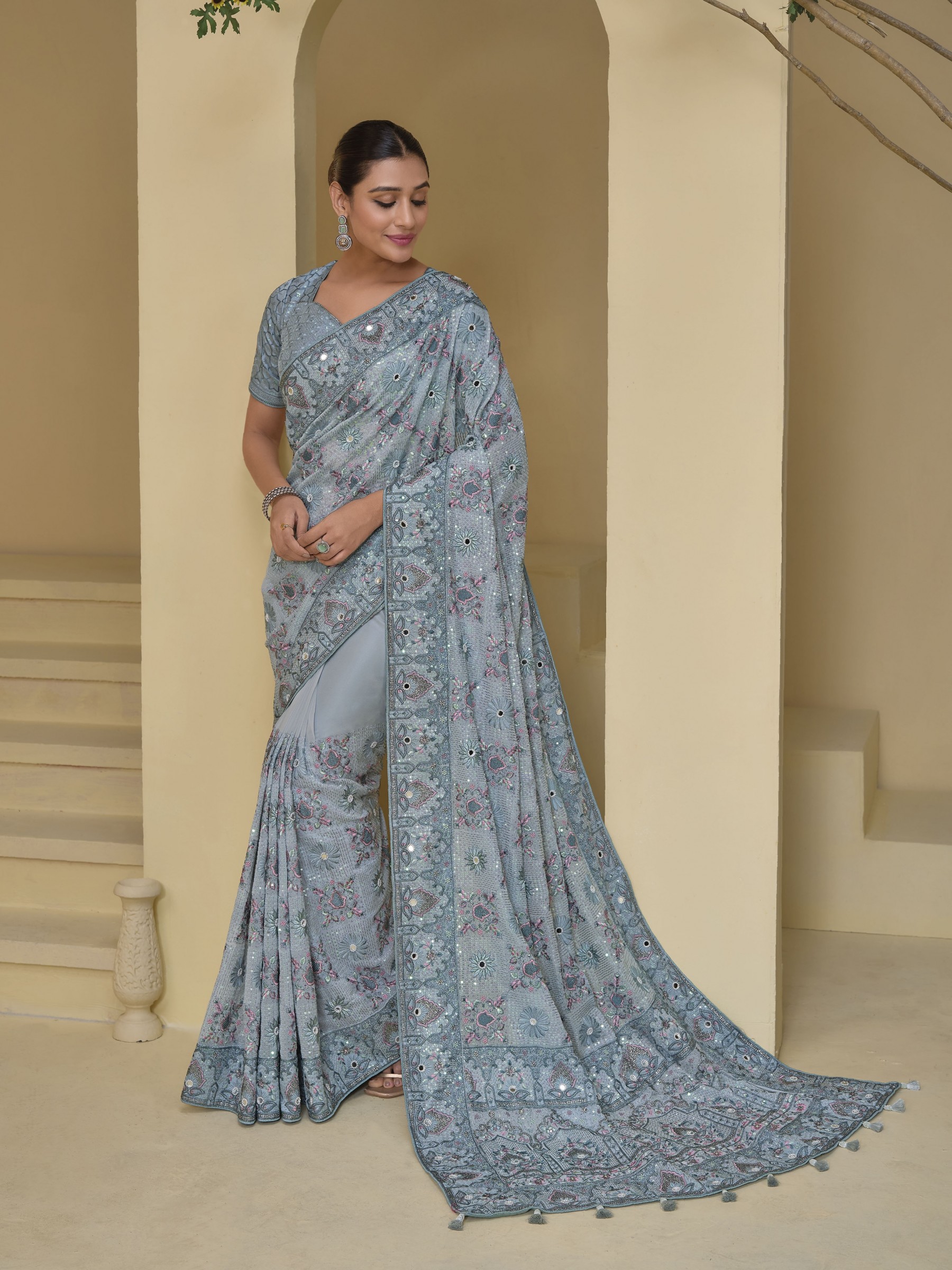 Pure Banarasi tascany Fabric Wedding wear Saree In Grey Color With Embroidery Work