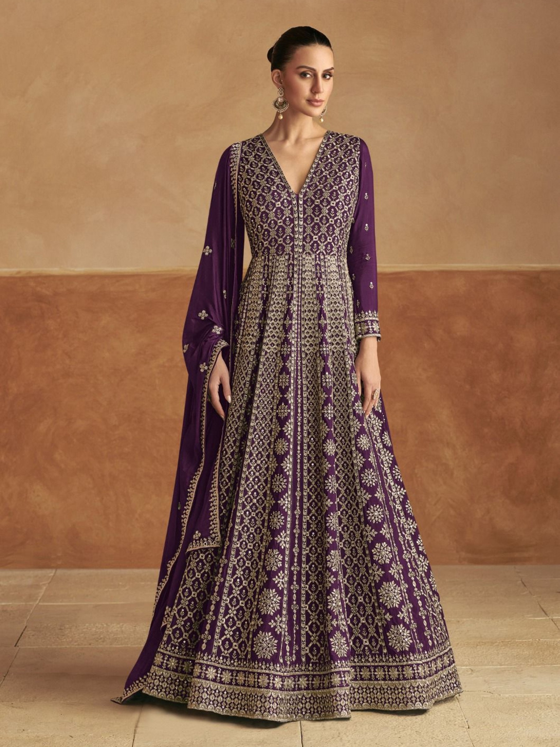 Pure Chinon Silk Party Wear Gown In Purple with Embroidery Work