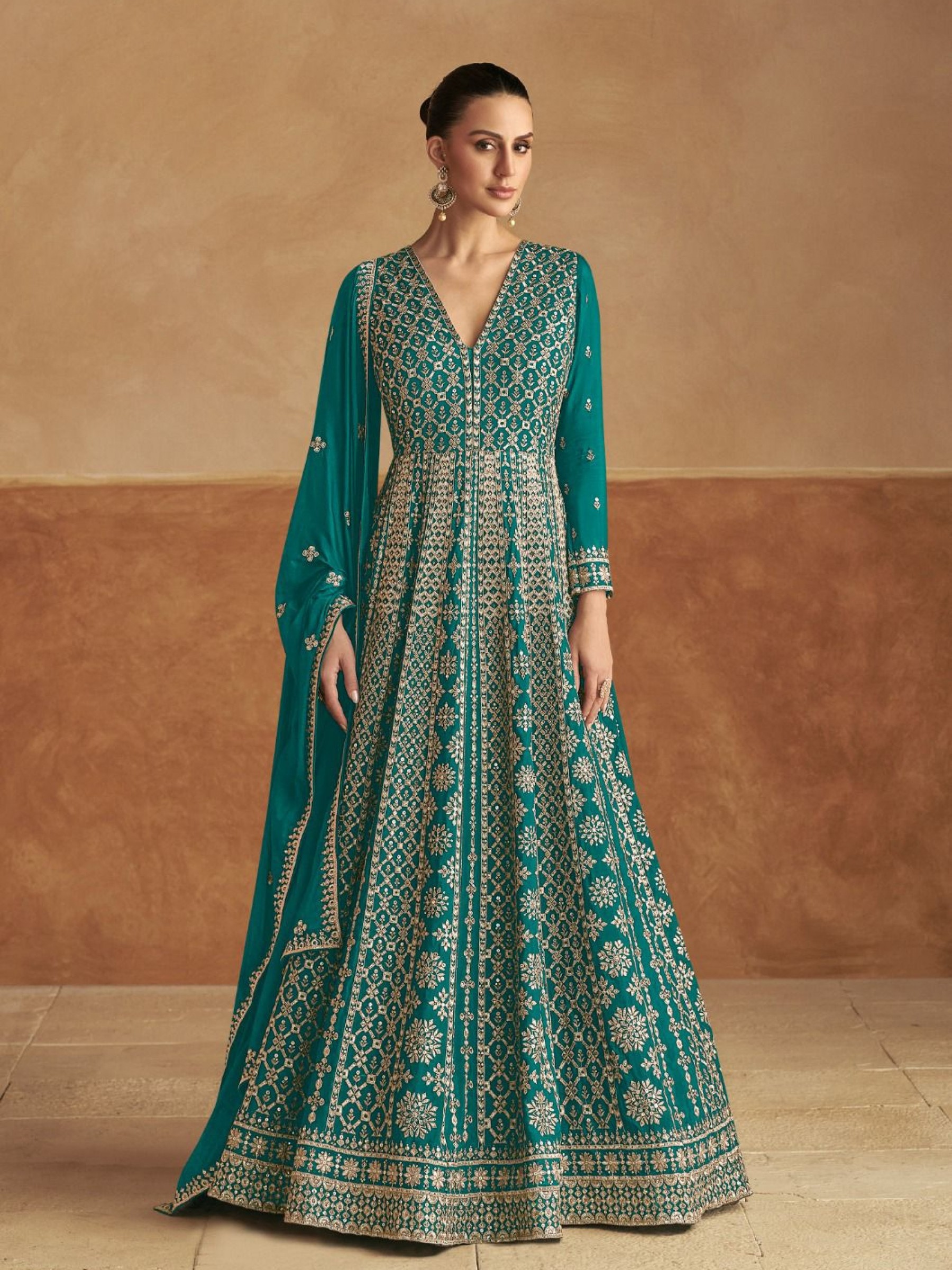 Pure Chinon Silk Party Wear Gown In Green with Embroidery Work