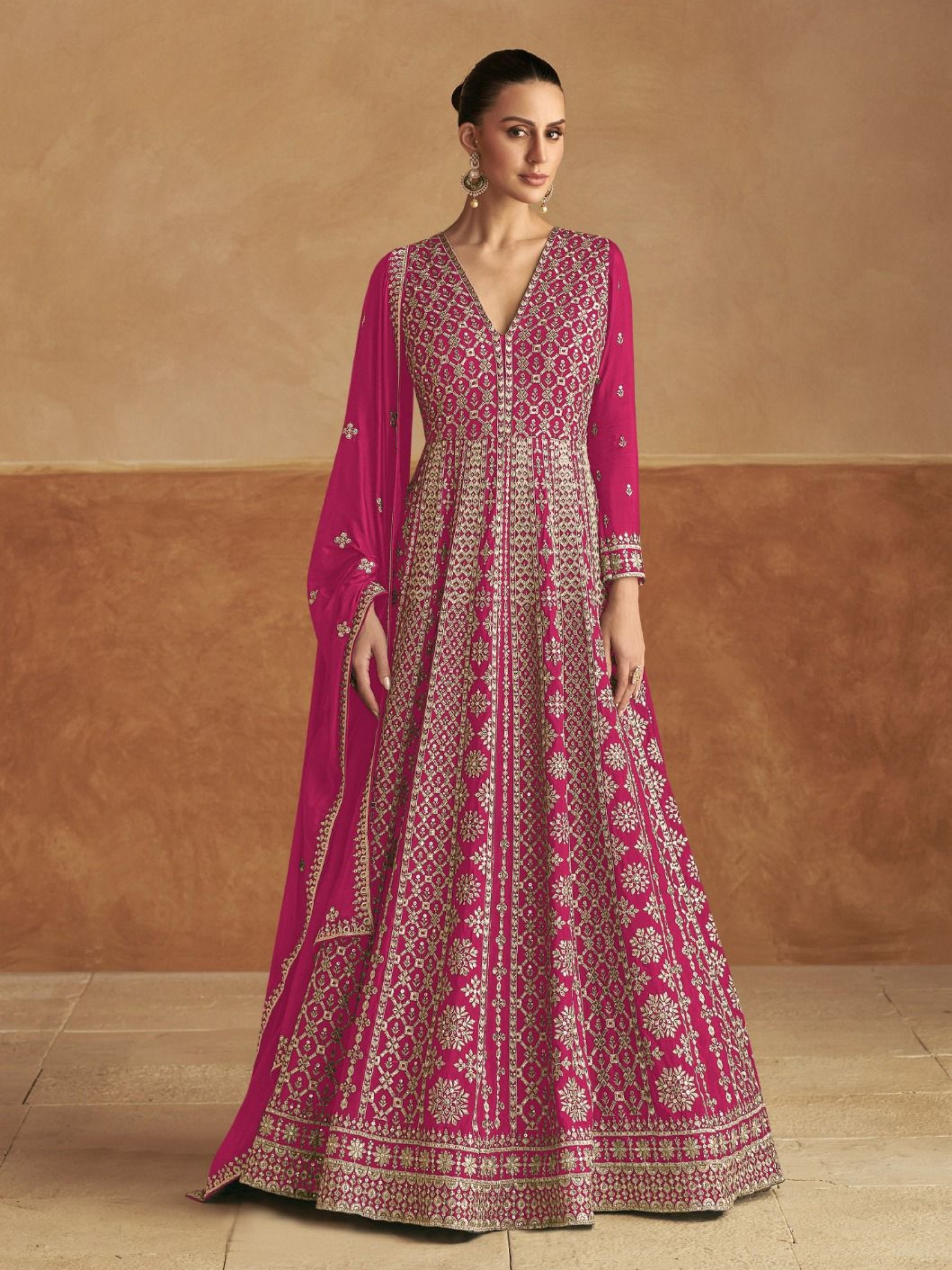Pure Chinon Silk Party Wear Gown In Pink with Embroidery Work