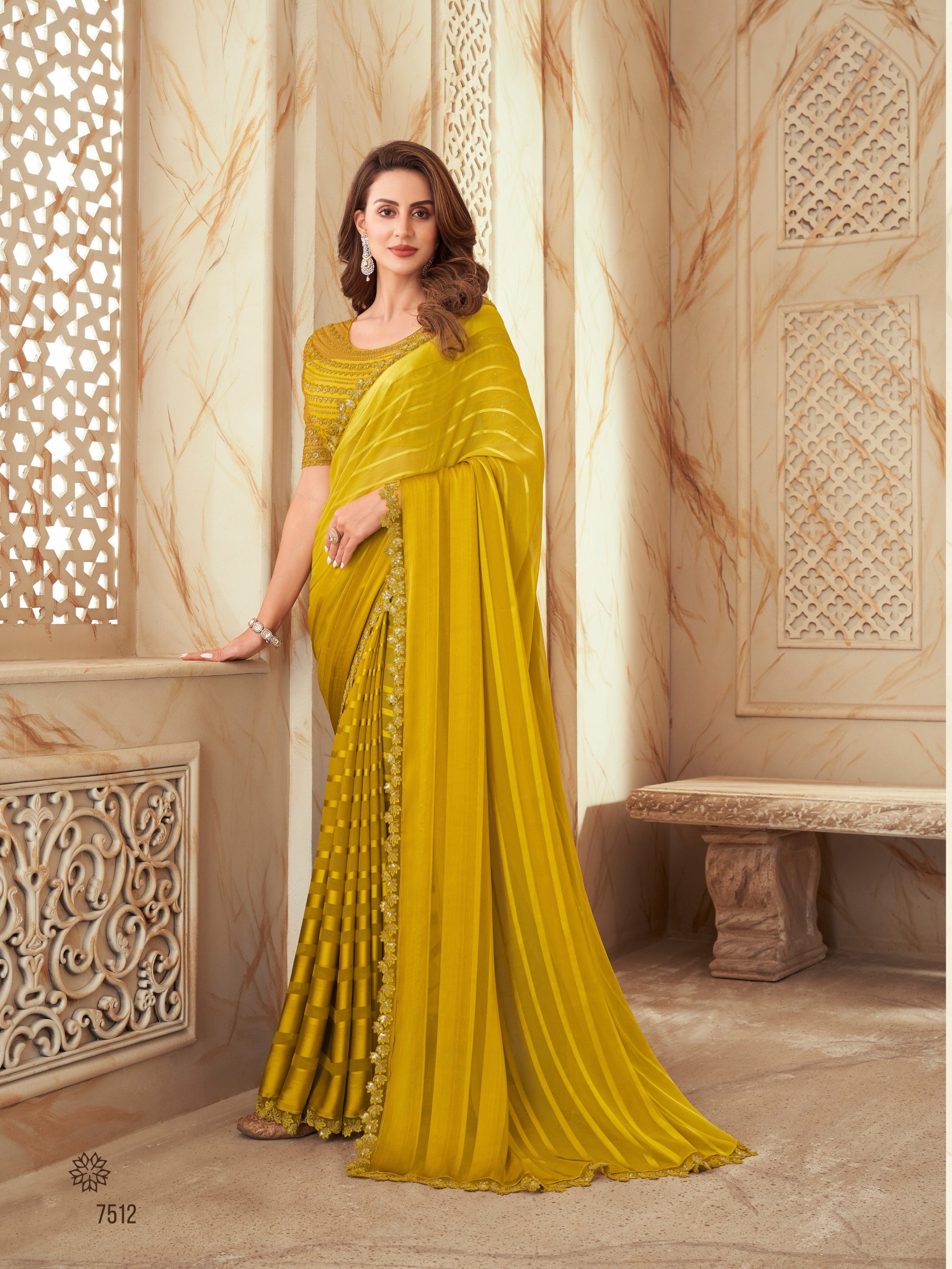Silk  Saree Yellow Color With Embroidery Work