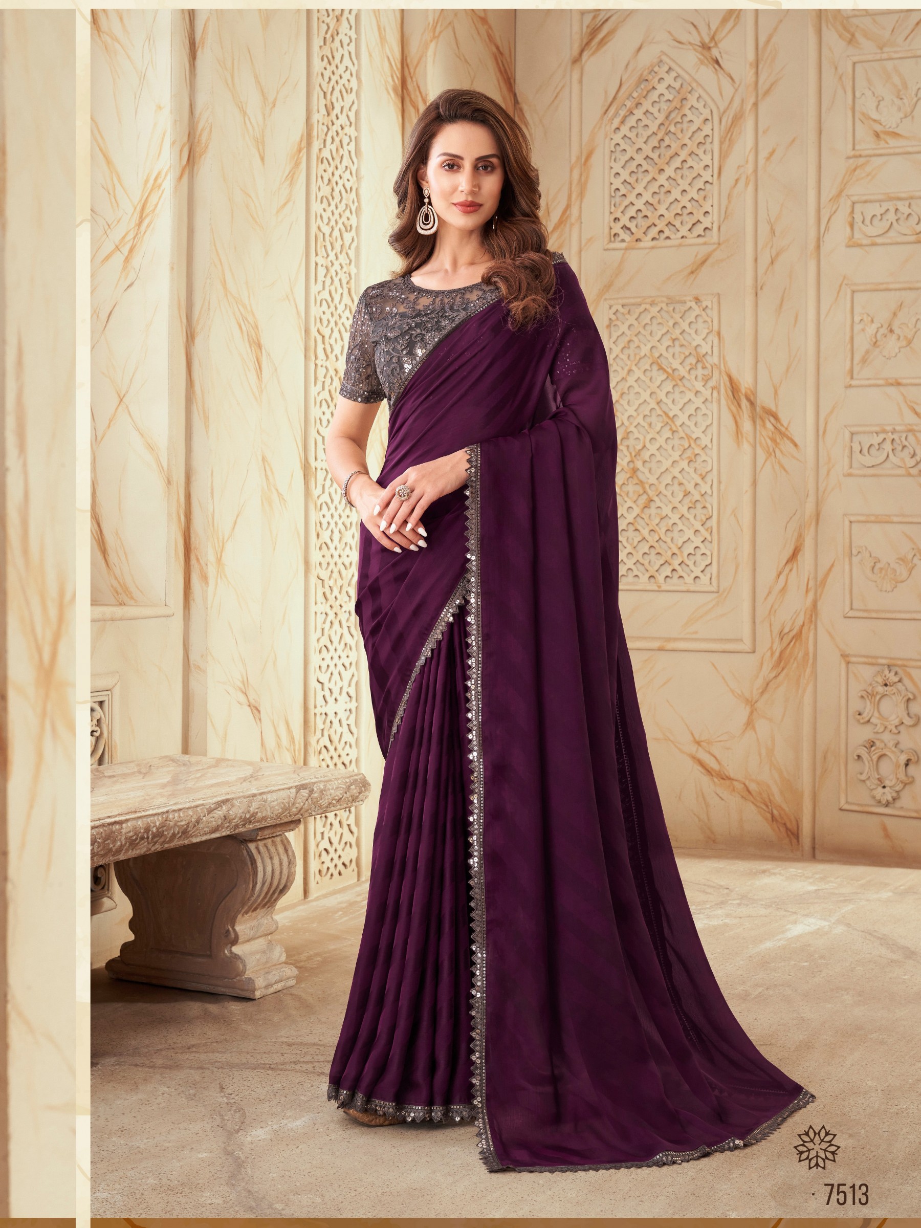 Silk  Saree Violet Color With Embroidery Work