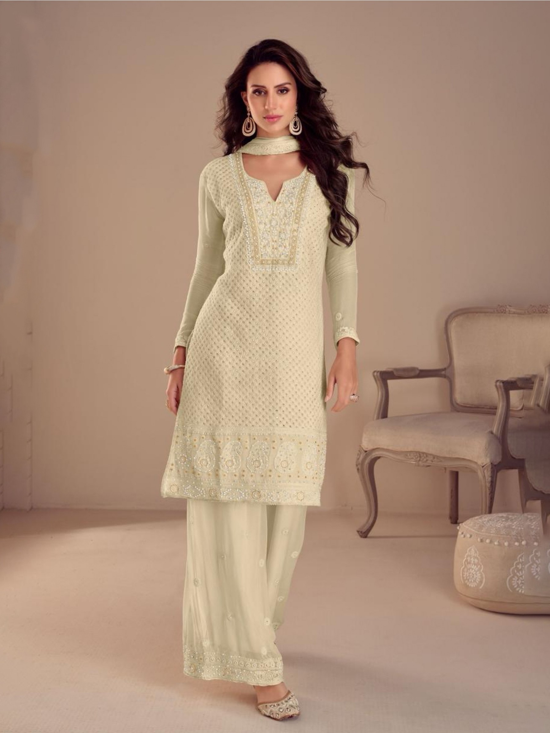 Real Georgette Silk Party Wear Sharara Cream Color with Embroidery Work