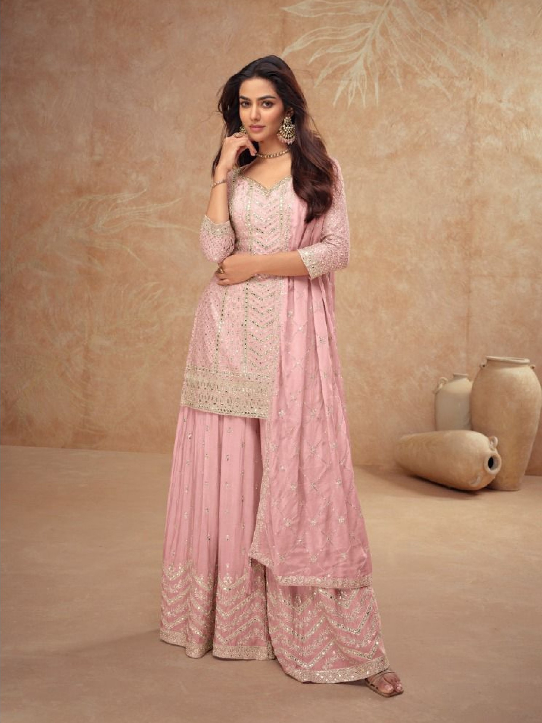 Pure Chinon Silk Party Wear Sharara Light Pink Color with Embroidery Work
