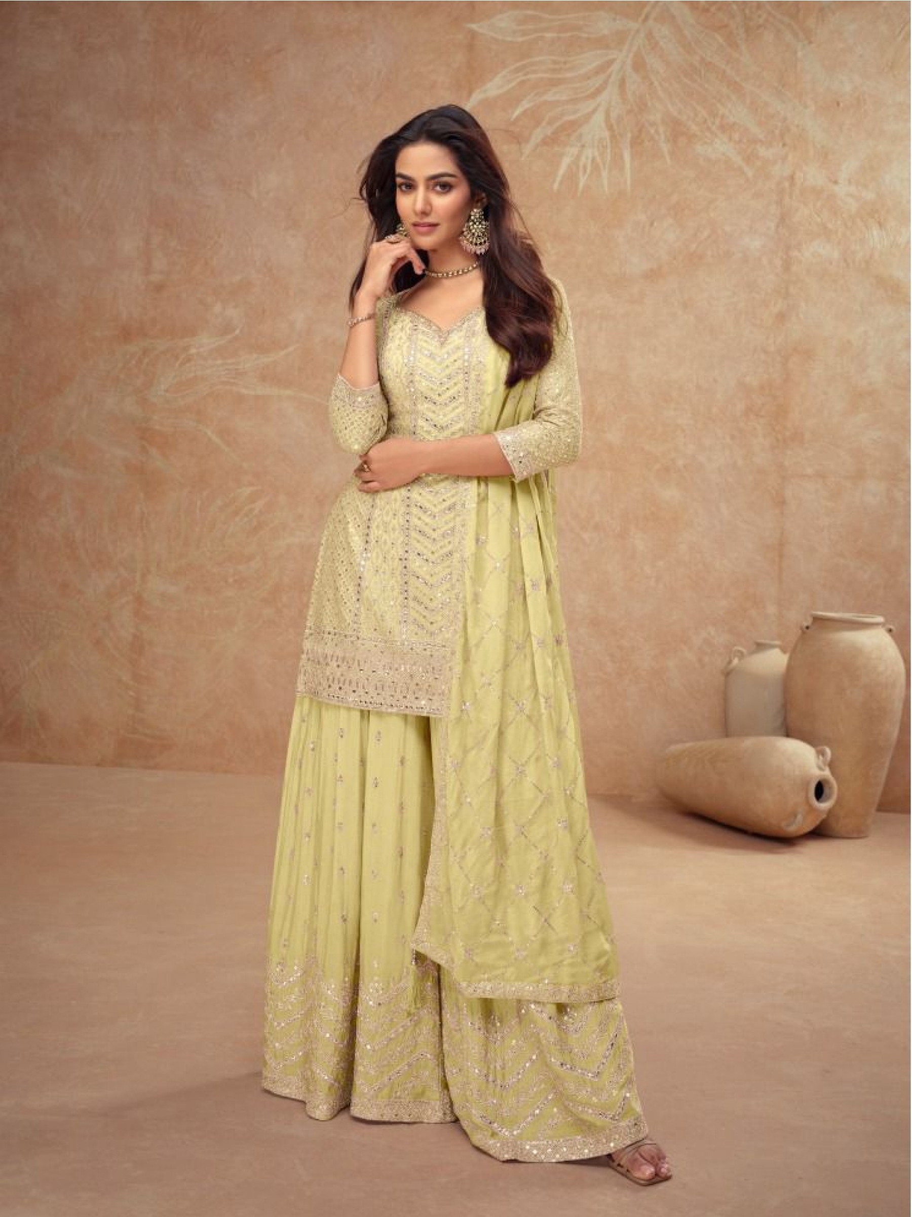 Pure Chinon Silk Party Wear Sharara Yellow Color with Embroidery Work