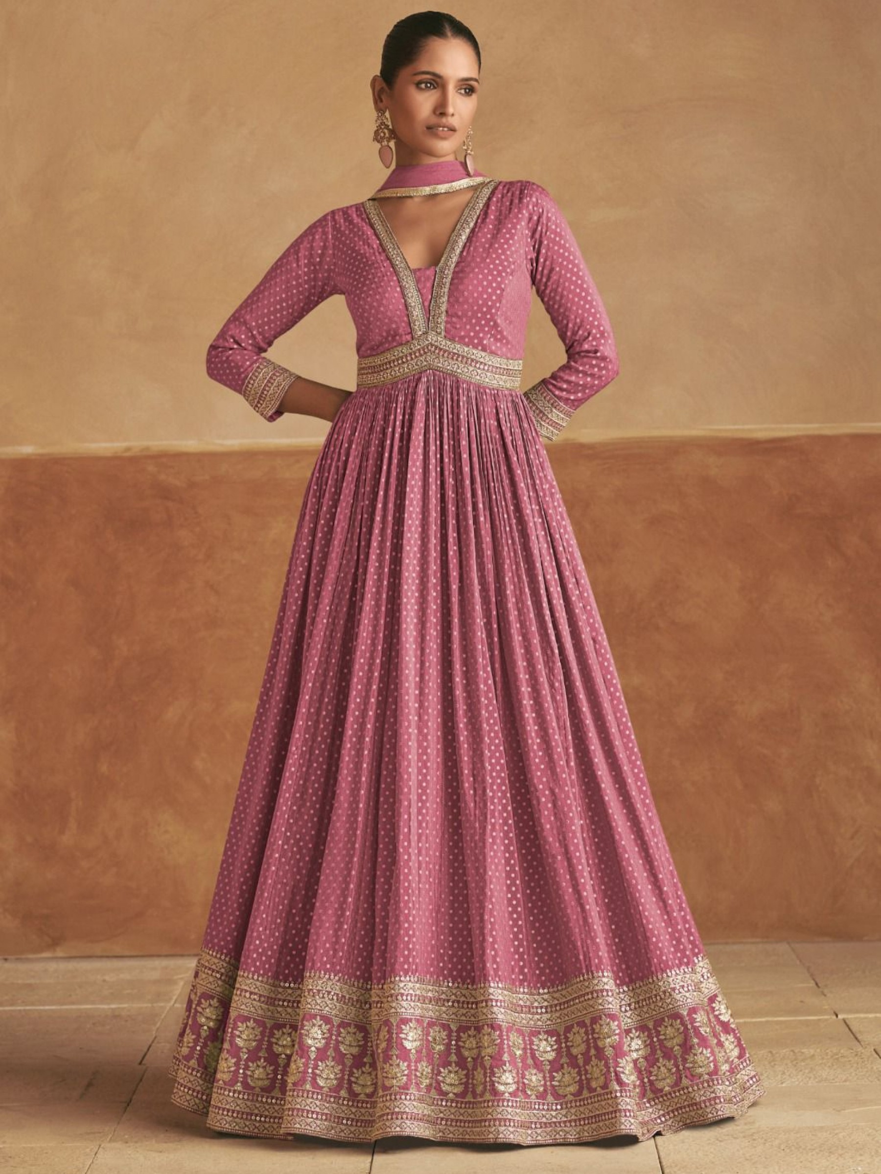 Pure Viscose Silk Party Wear Gown In Peach Color with Embroidery Work