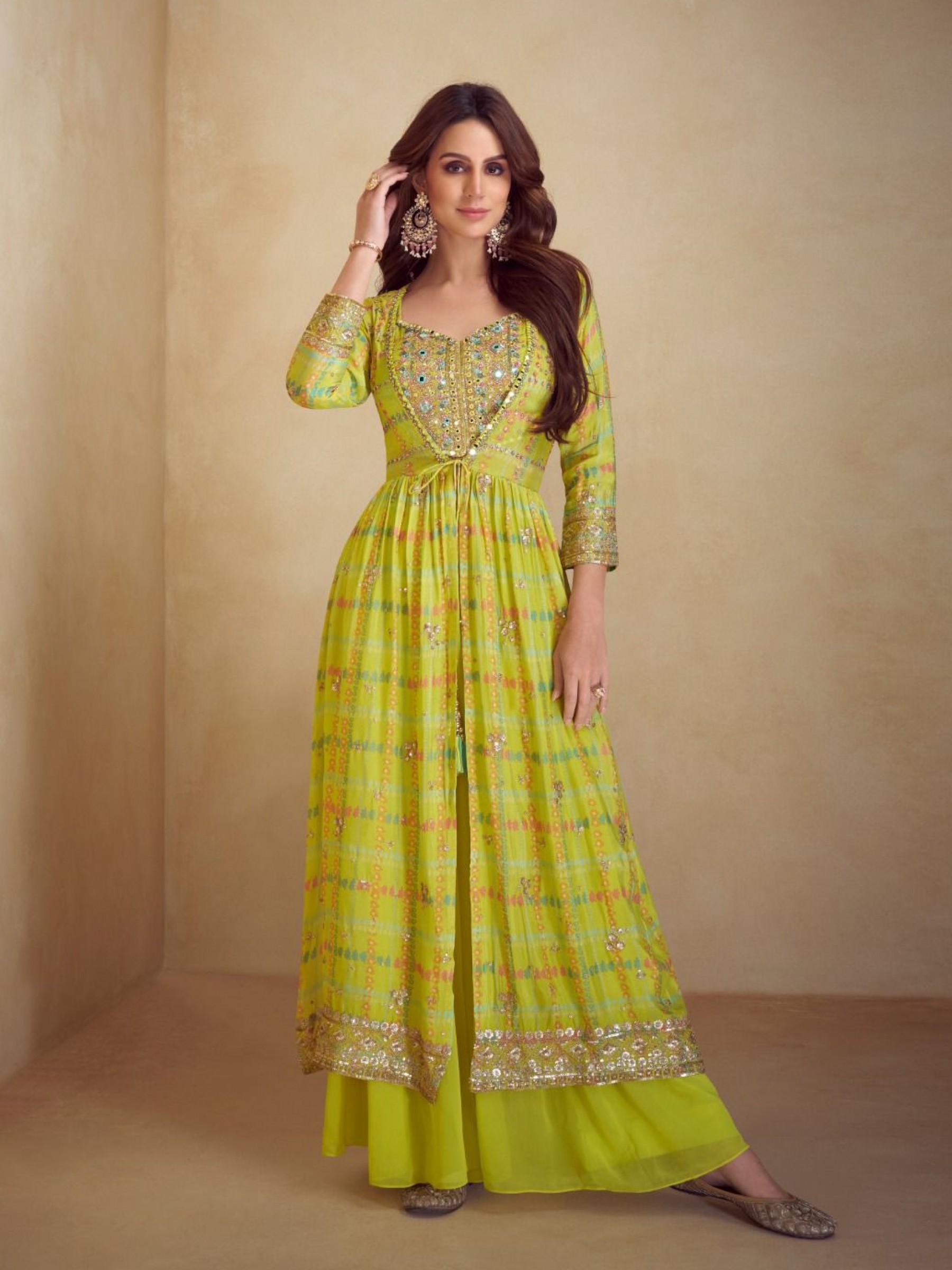 Pure Chinon Silk Party Wear 3 pcs In Lemon Green with Embroidery Work