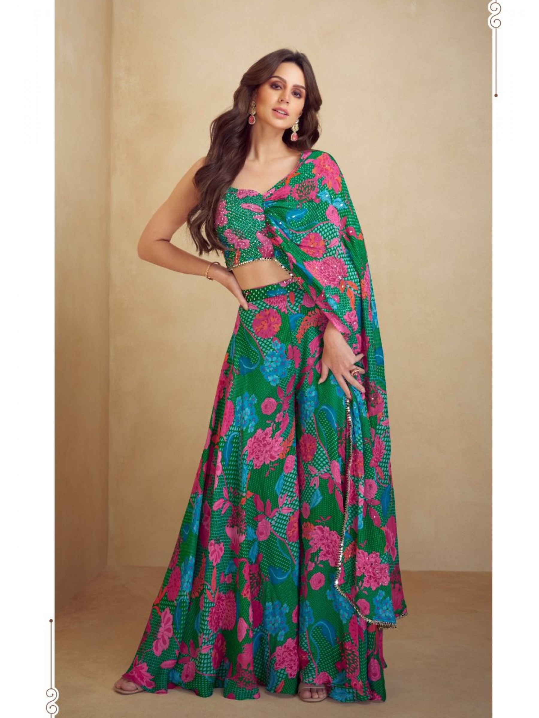 Pure Chinon Silk Party Wear 3 pcs In Green with Embroidery Work