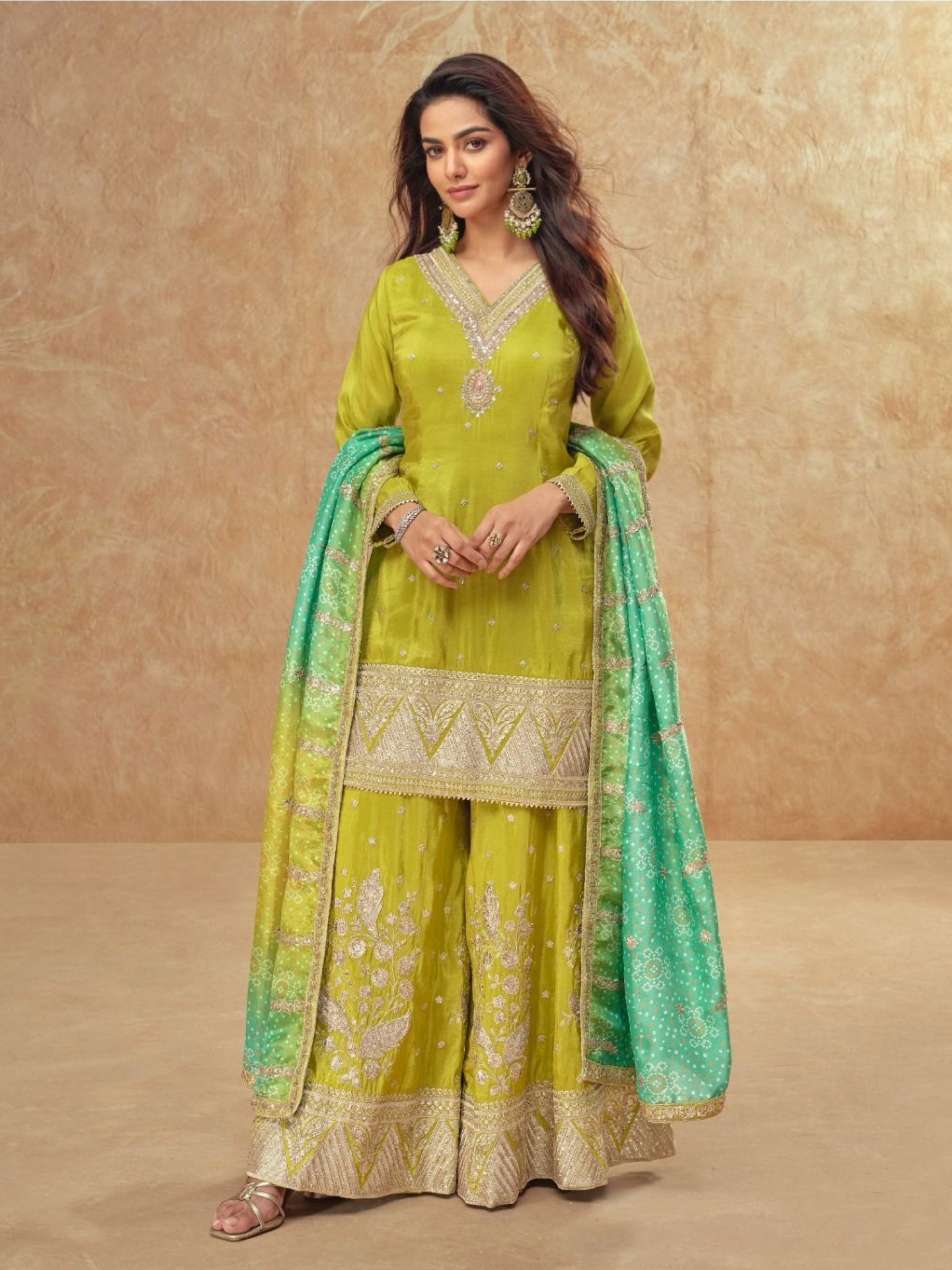 Real Simar Silk Party Wear Sharara Lemon Green Color with Embroidery Work