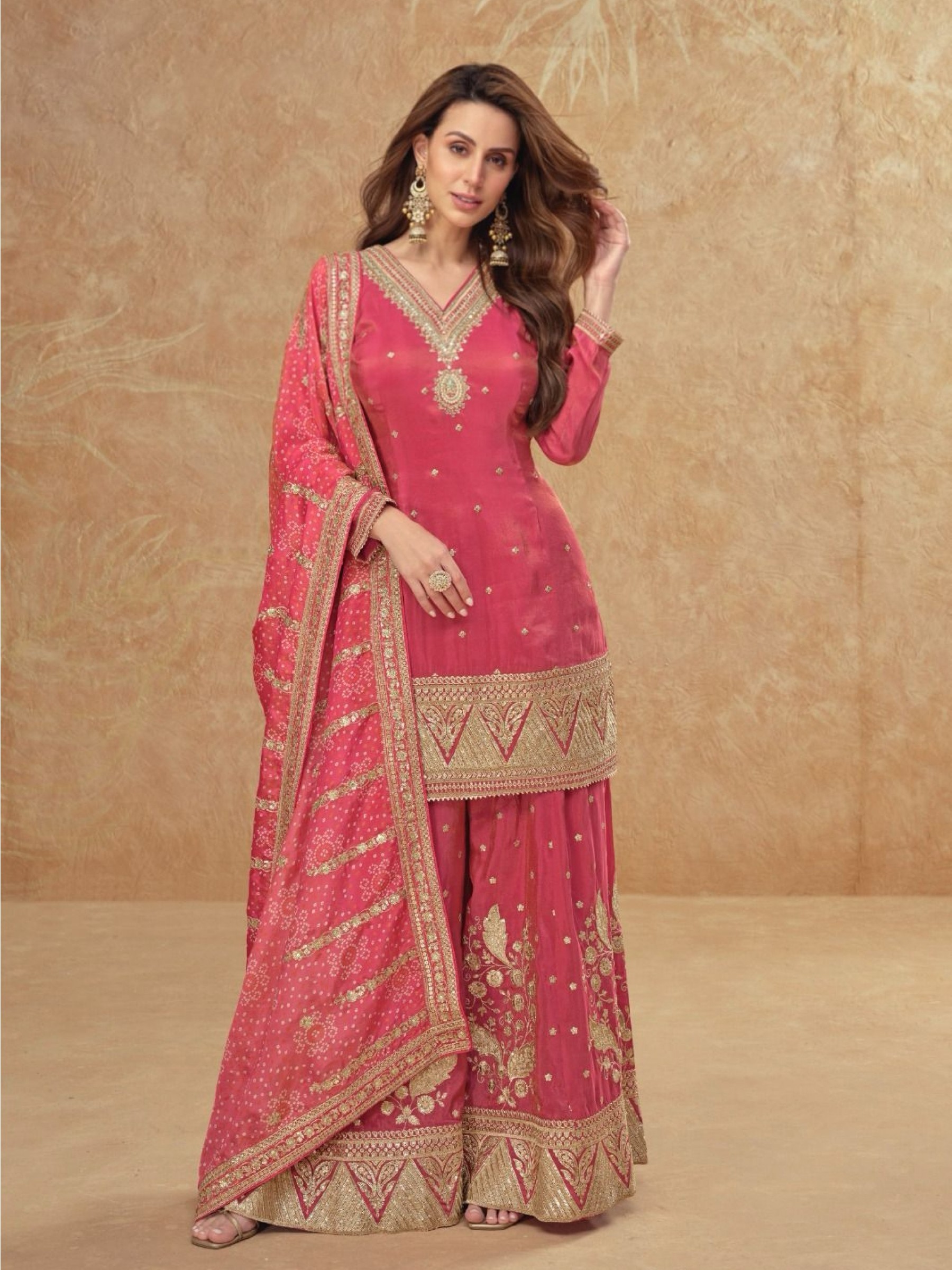 Real Simar Silk Party Wear Sharara Pink Color with Embroidery Work